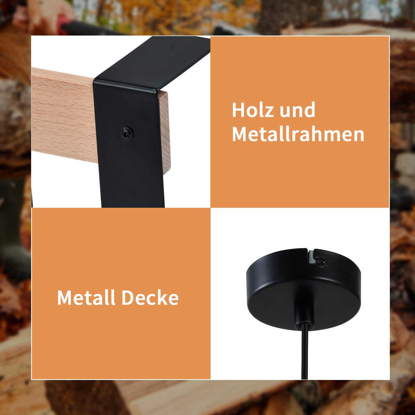 Zbliżenie drewnianego i metalowego elementu lampy, z niemieckimi etykietami tekstowymi, na rozmytym tle.