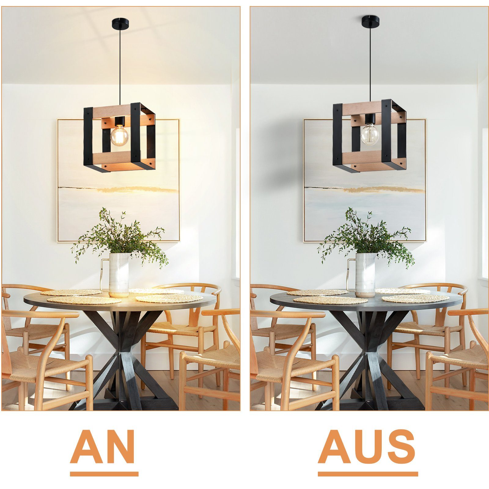 Dwa zdjęcia jadalni, jedno ze światłem włączonym, drugie wyłączonym, przedstawiające lampę wiszącą.