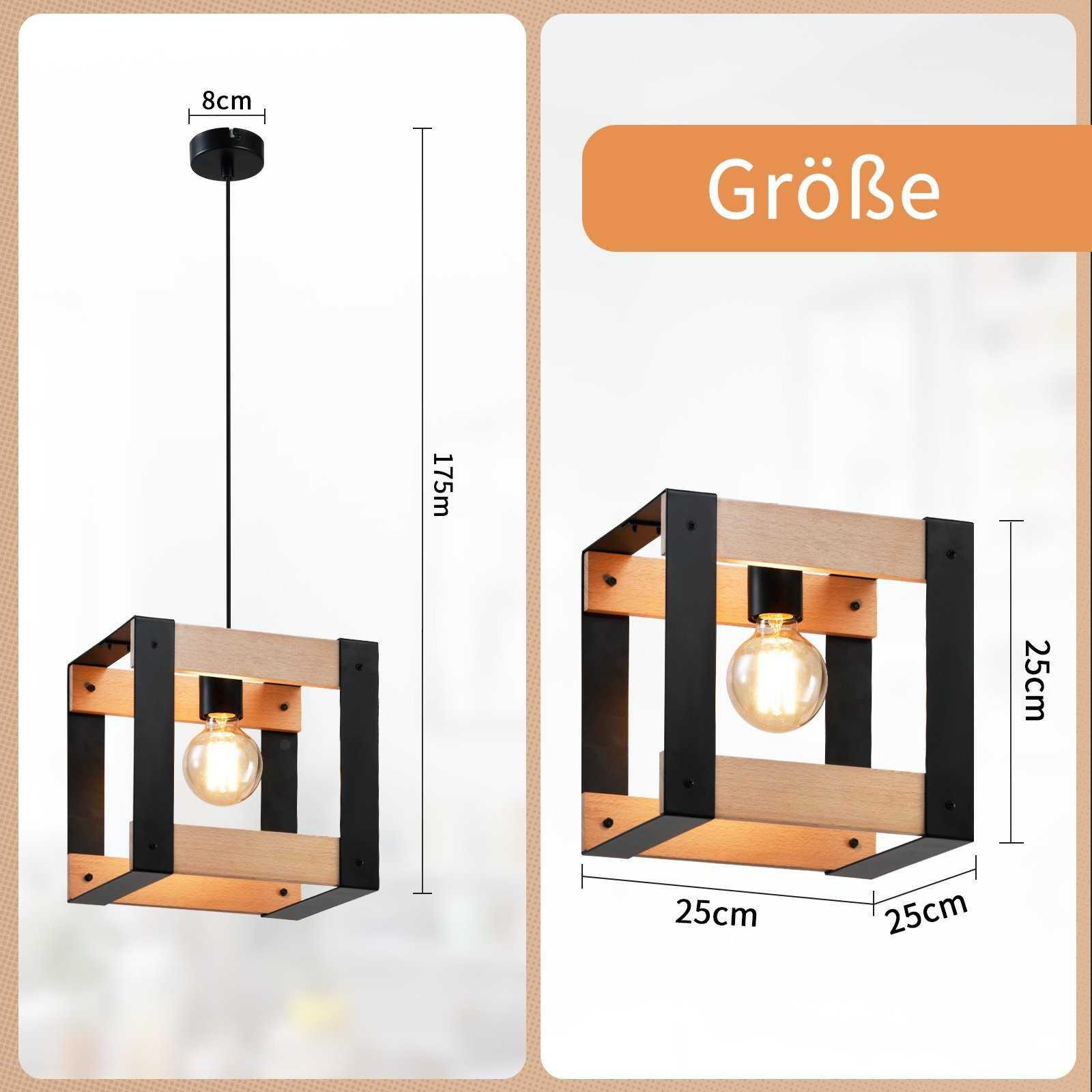 Czarna i drewniana lampa wisząca o wymiarach 175 cm wysokości i 25 cm szerokości.