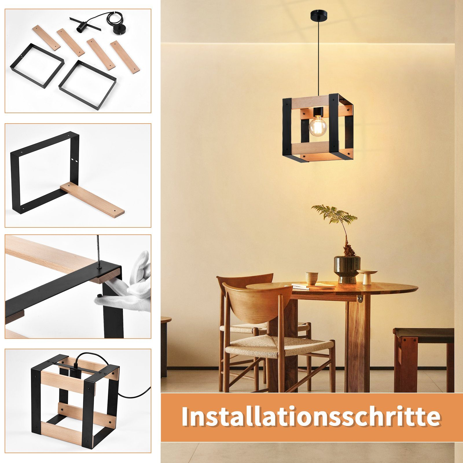 Instrukcja montażu krok po kroku do lampy wiszącej z drewna i czarnego metalu. Zawiera komponenty i kroki montażu.