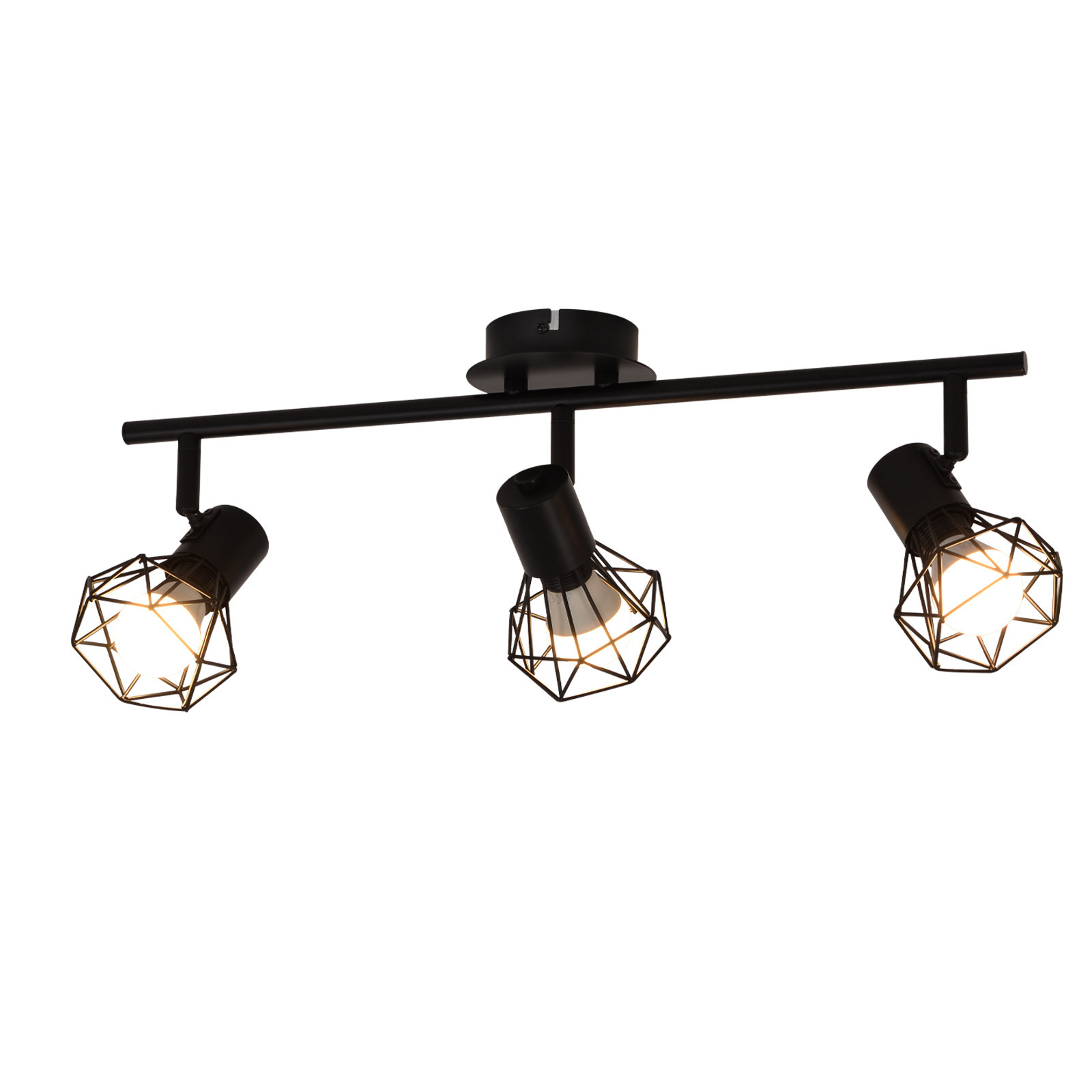 Apparecchio di illuminazione a binario nero. Tre faretti regolabili, con design a gabbia metallica.