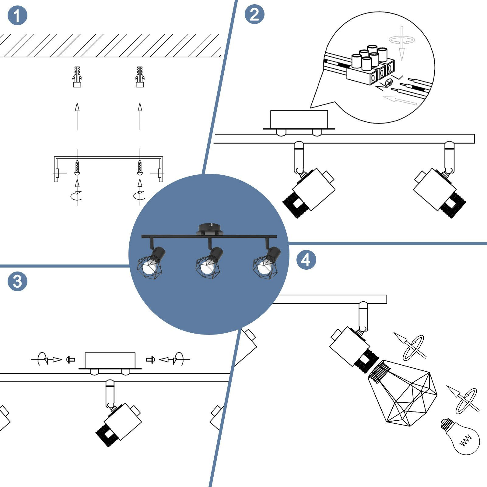 Diagramma che mostra i passaggi di installazione di un apparecchio di illuminazione a soffitto con passaggi numerati.