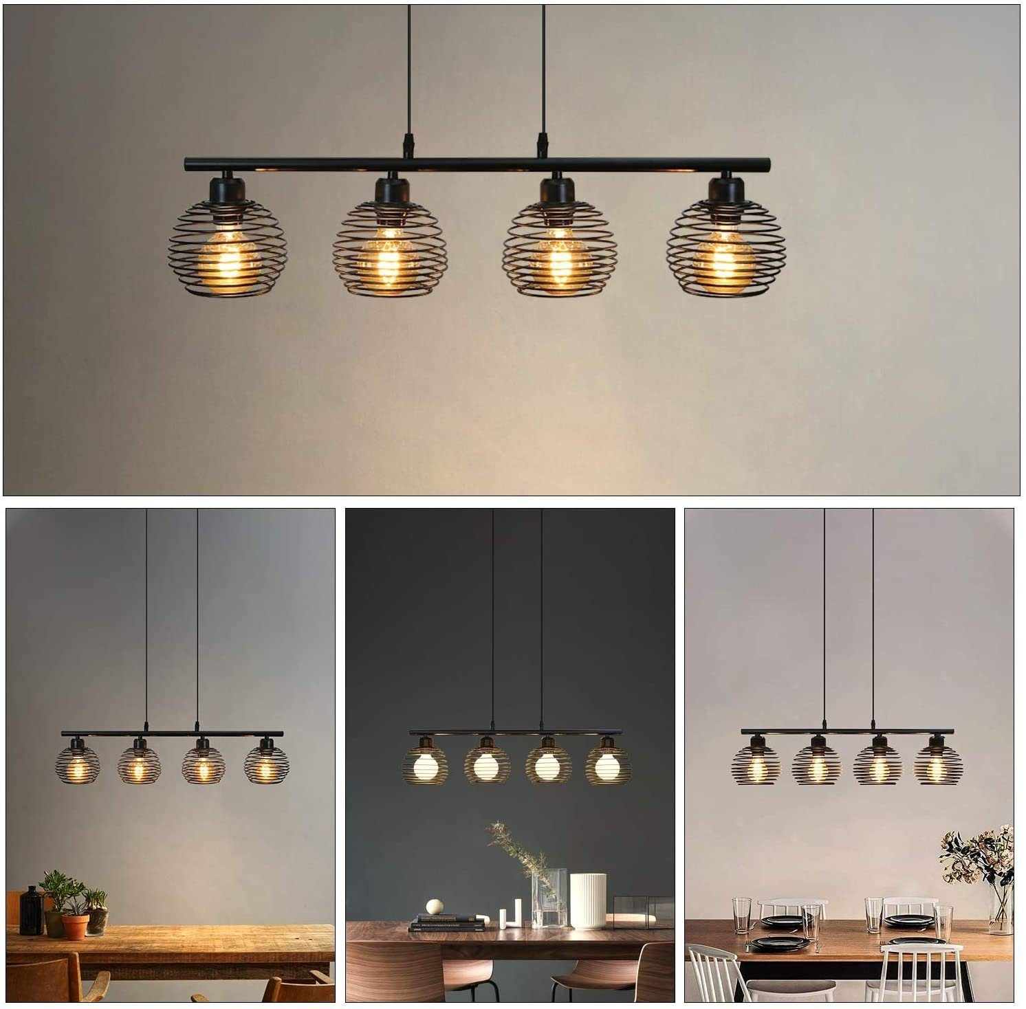 Wiele zdjęć czarnego metalowego żyrandola z czterema sferycznymi kloszami z siatki drucianej. Światła są włączone.