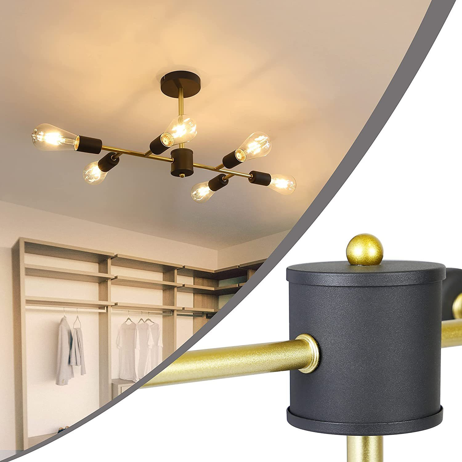 Żyrandol z wieloma odsłoniętymi żarówkami, złotymi ramionami i czarnymi cylindrami, wisi w pokoju z szafą.