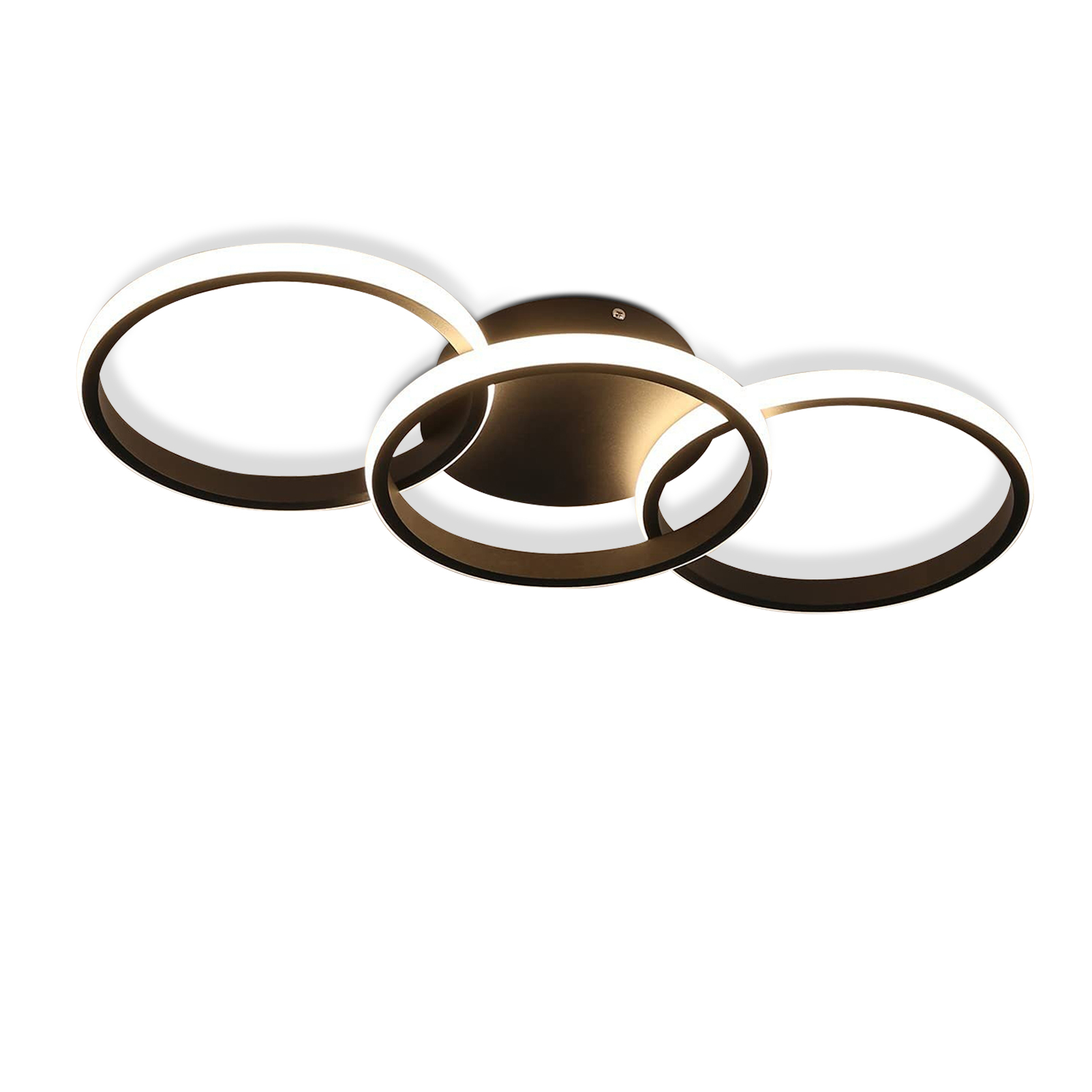 Trzy-pierścieniowa lampa sufitowa w ciemnym kolorze na białym tle.