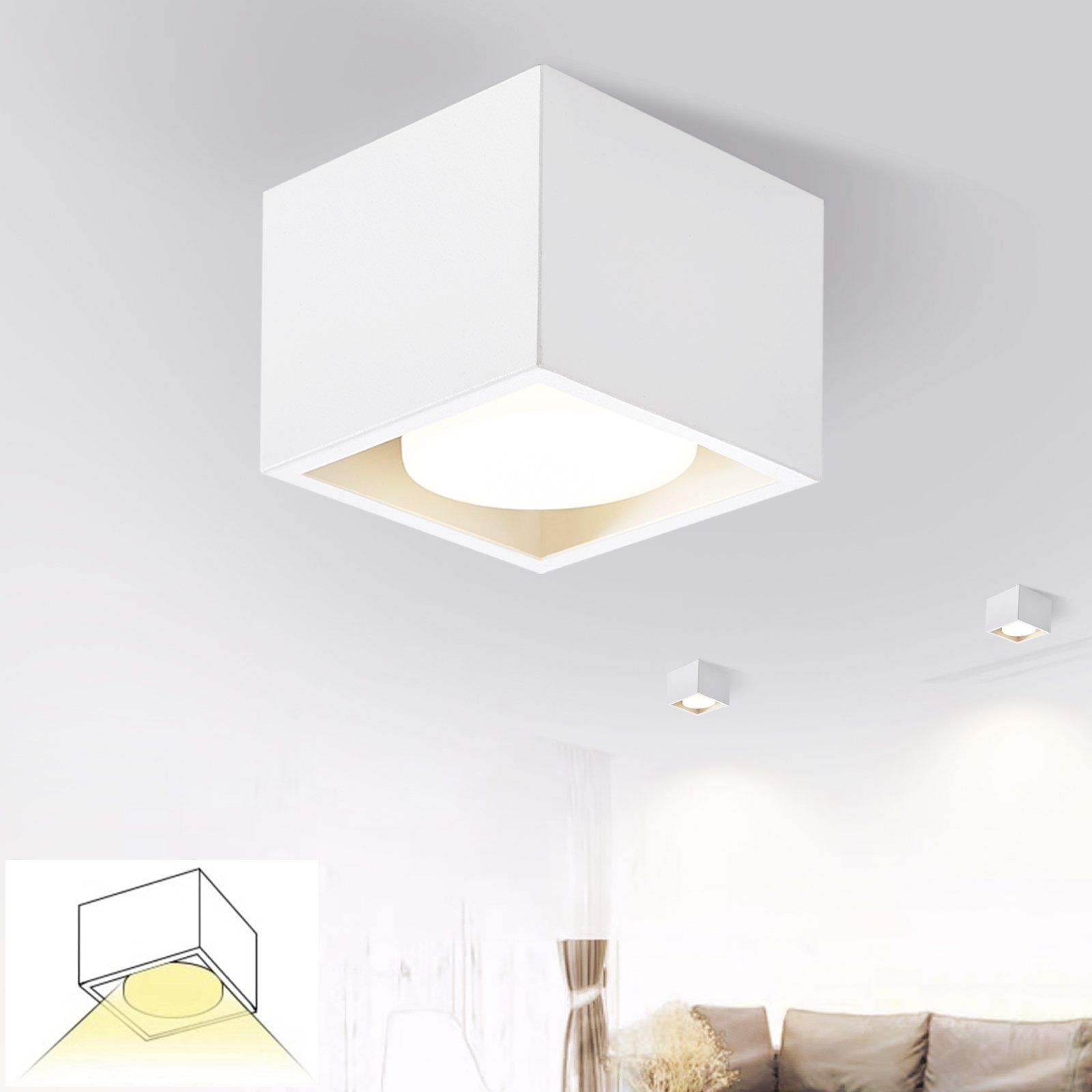Lampada da soffitto quadrata bianca con una sorgente luminosa circolare incassata e un piccolo modello della luce.