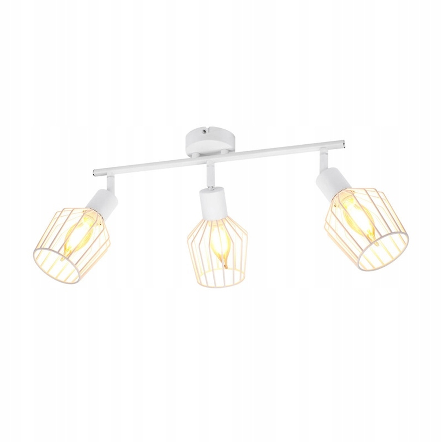 Biała szyna z trzema lampami. Każda lampa ma konstrukcję podobną do klatki.