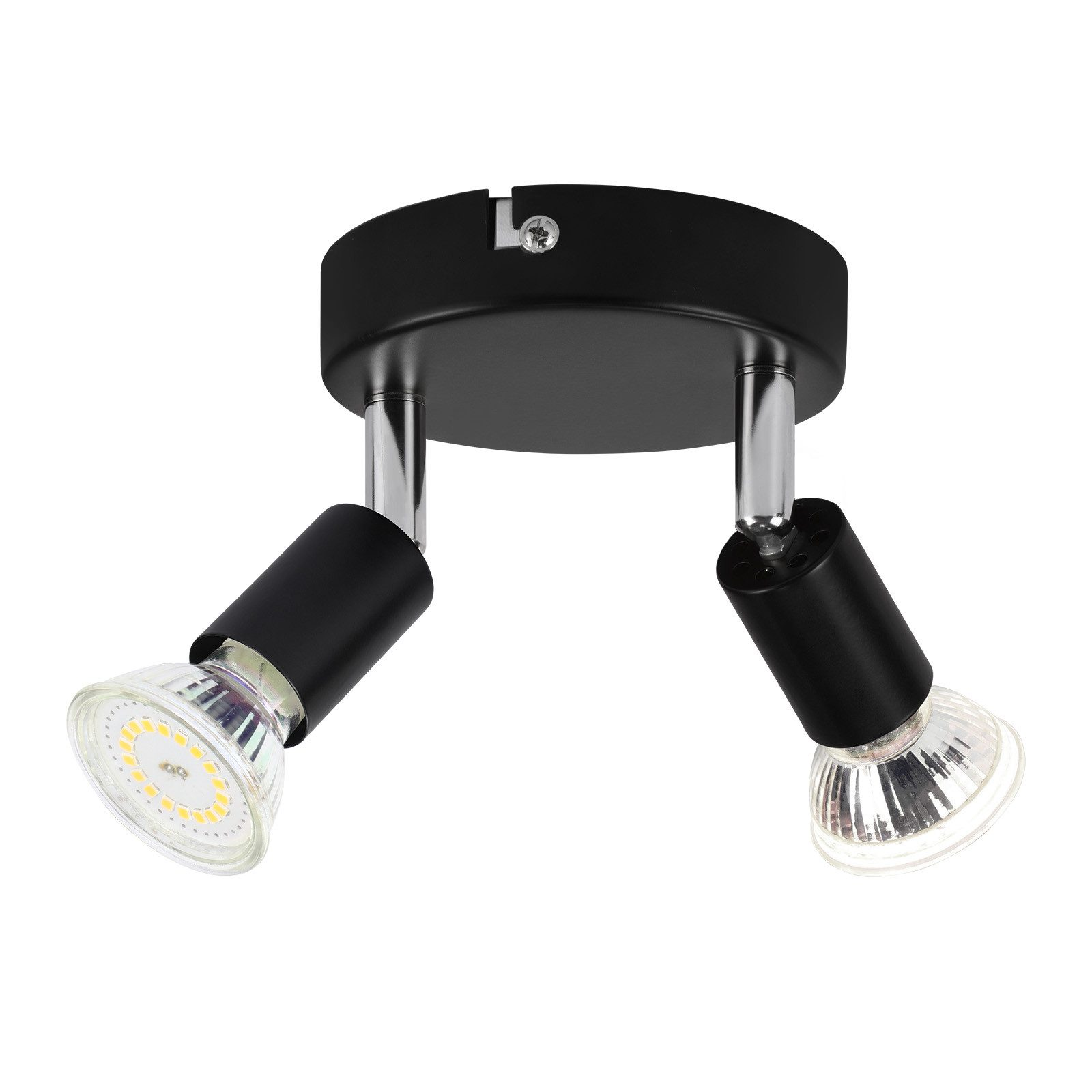 Czarny reflektor sufitowy z dwoma regulowanymi światłami, na białym tle.