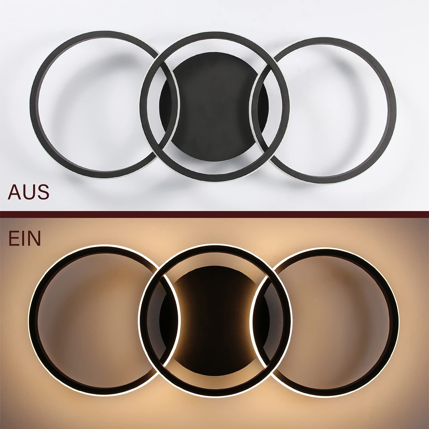 Lampa sufitowa z trzema podświetlonymi pierścieniami, włączona i wyłączona.