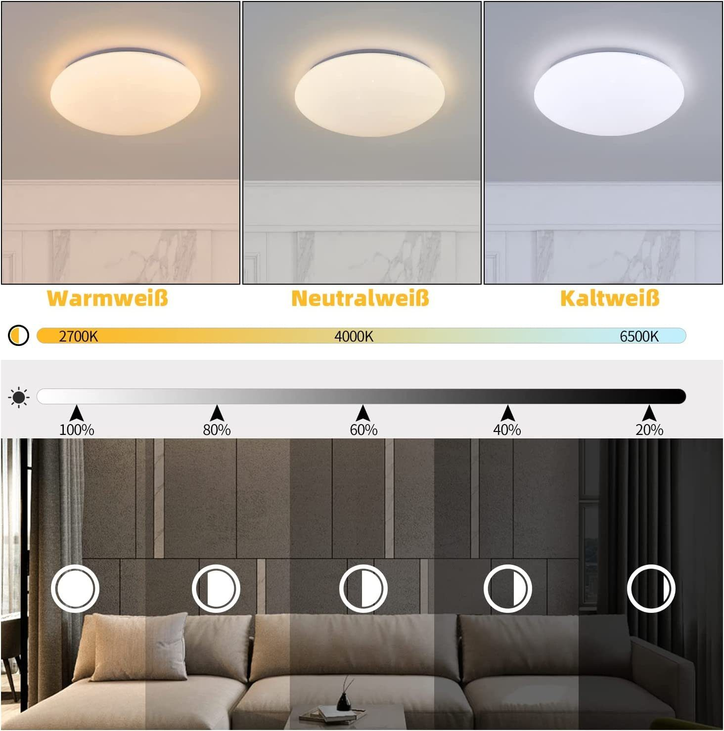 Lampy sufitowe o różnych temperaturach barwowych: ciepłej, neutralnej i zimnej. Pokazuje poziomy ściemniania.