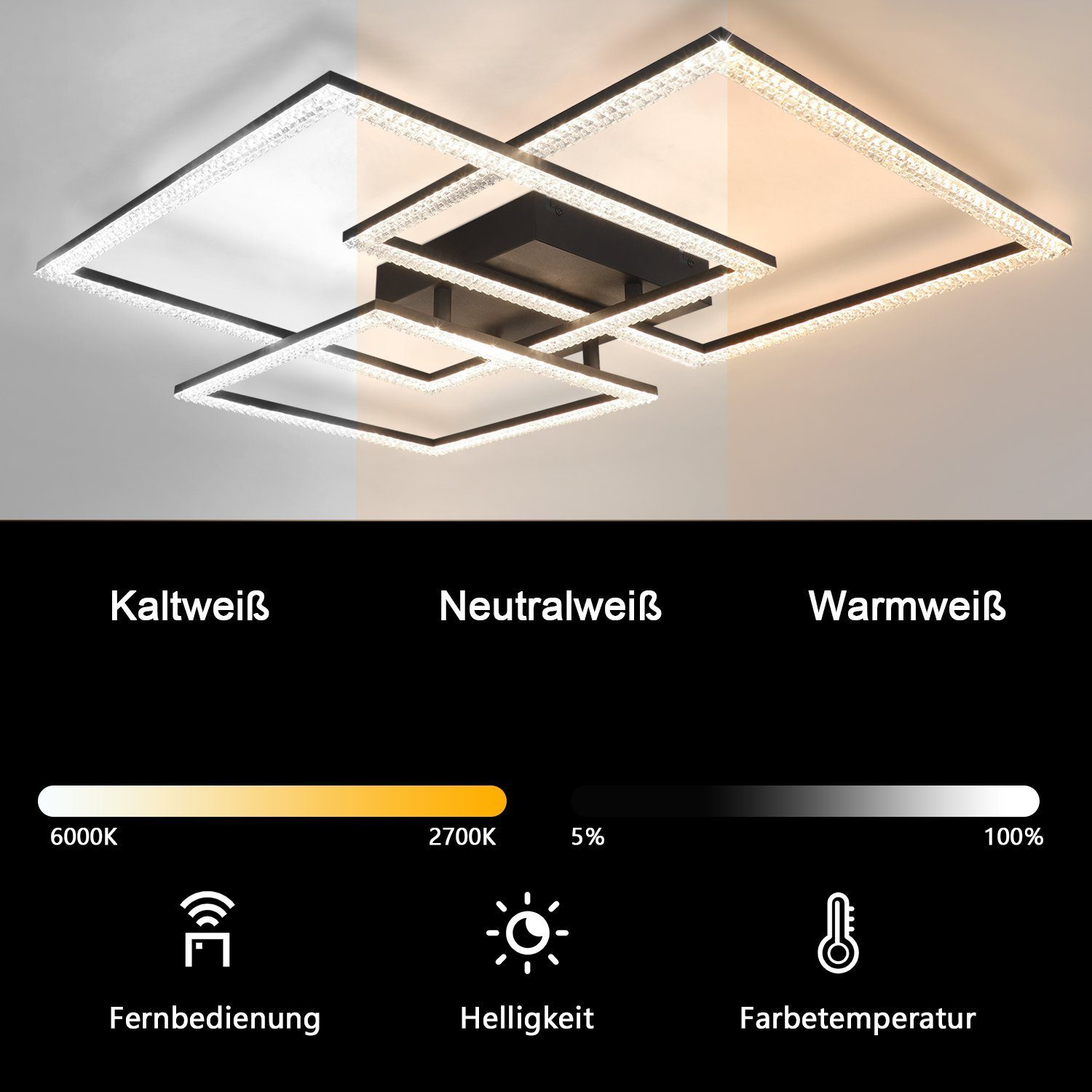 Lampa sufitowa z kwadratowymi ramami w różnych temperaturach barwowych i ustawieniach ściemniania.