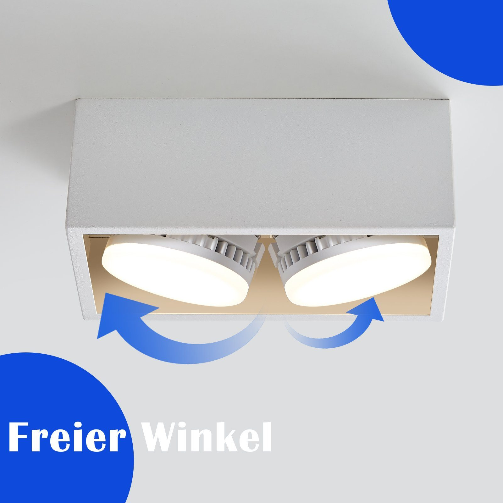 Biała wpuszczana lampa sufitowa z dwoma regulowanymi światłami, strzałki wskazujące ruch i tekst.