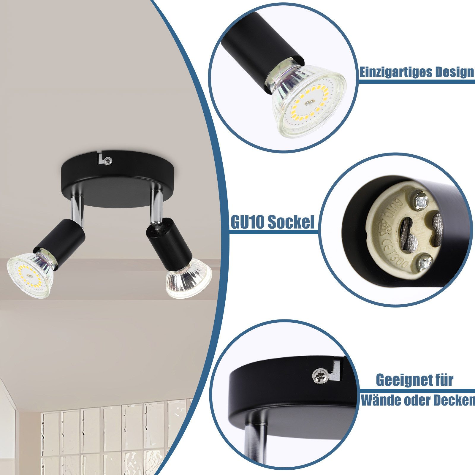 Lampa sufitowa z trzema reflektorami i szczegółami jej części.