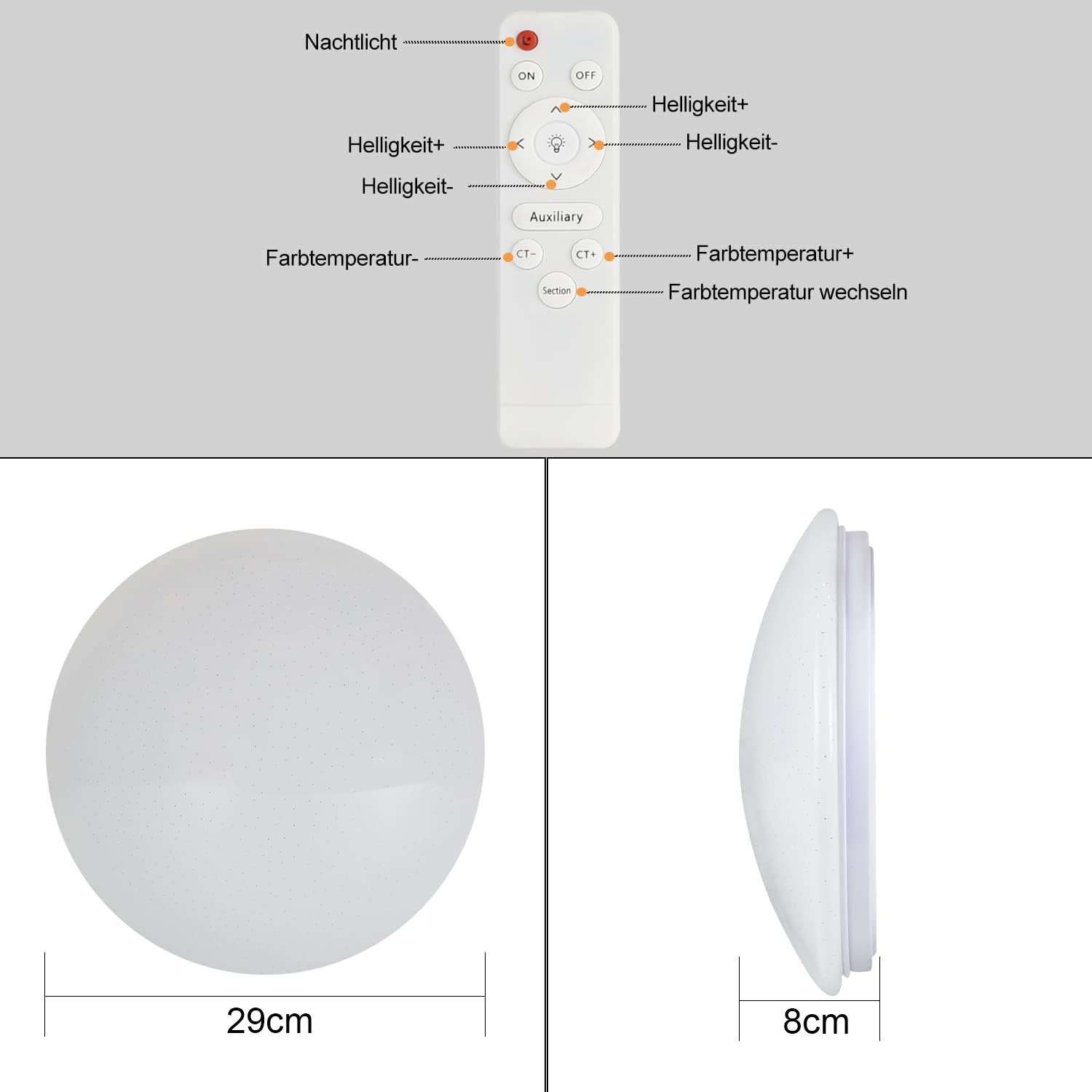 Biała lampa sufitowa z pilotem. Wymiary są pokazane. Białe tło.