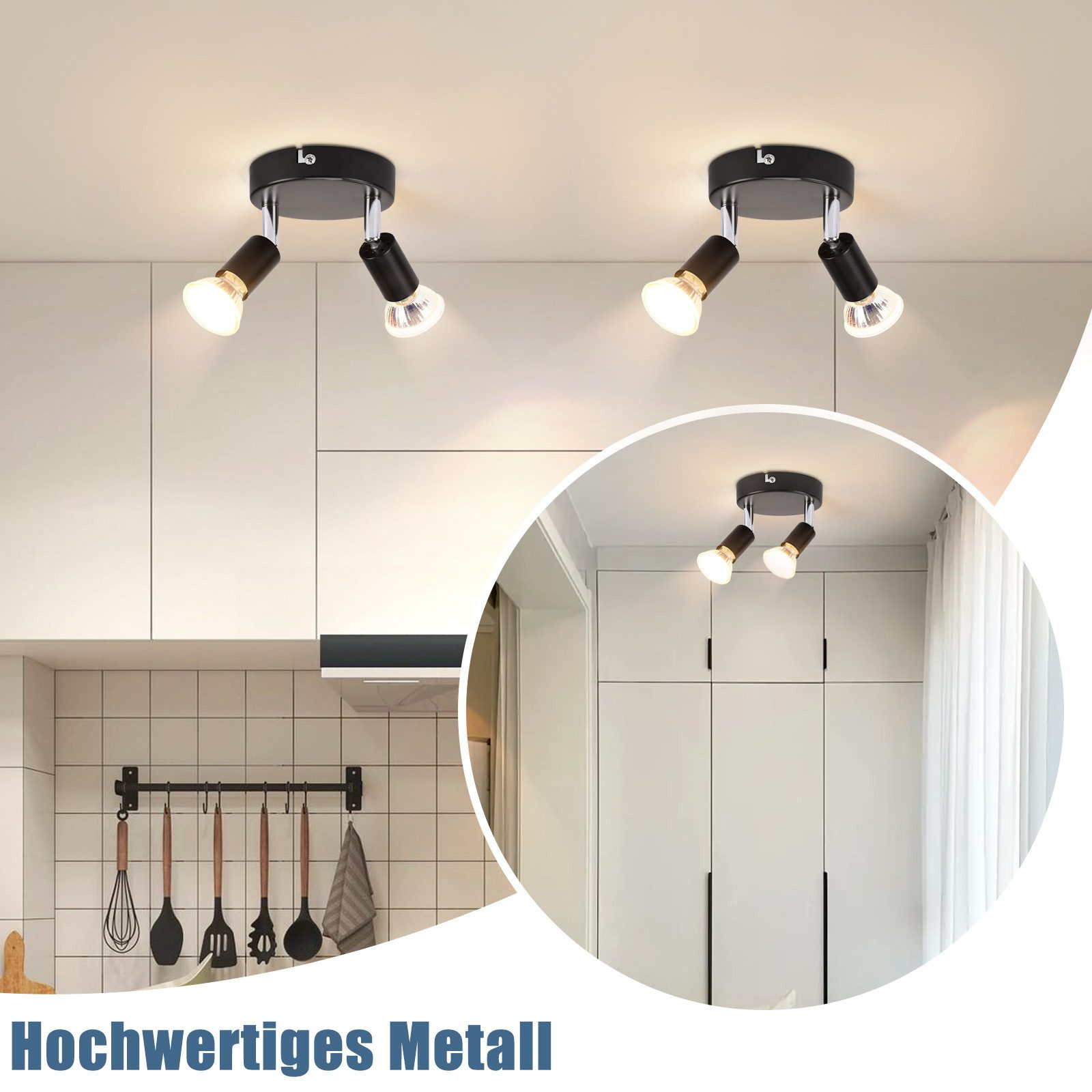 Dwa reflektory sufitowe. Tekst w języku niemieckim stwierdzający, że są wykonane z wysokiej jakości metalu.