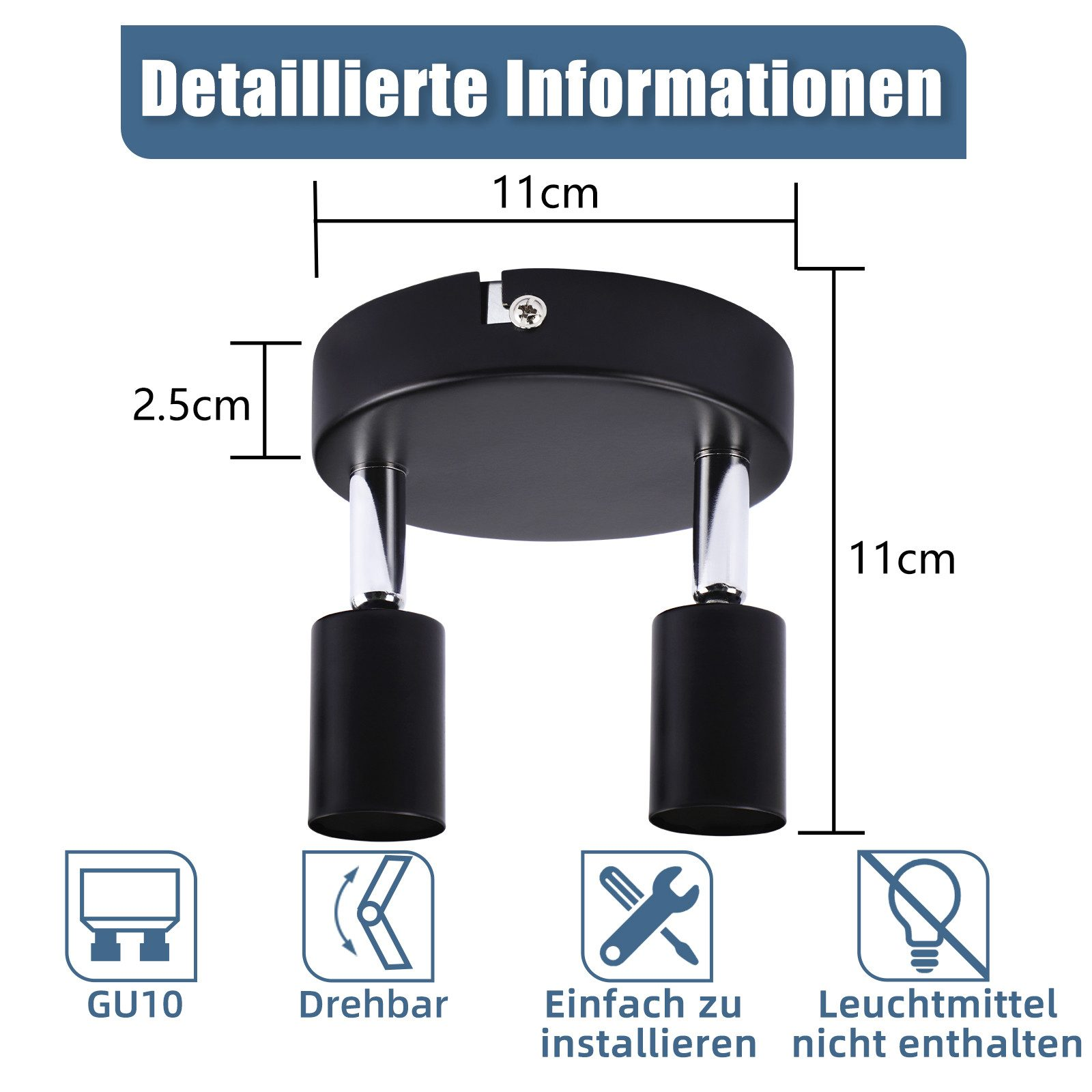 Czarna lampa sufitowa z dwoma regulowanymi światłami, wymiary pokazano za pomocą ikon.