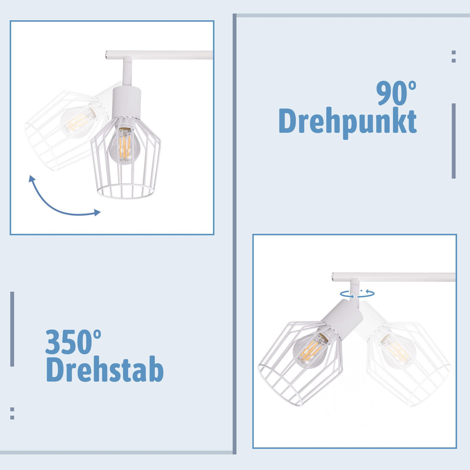 Białe geometryczne lampy wiszące. Jedna pokazana w dwóch pozycjach, z obrotem o 90 i 350 stopni.