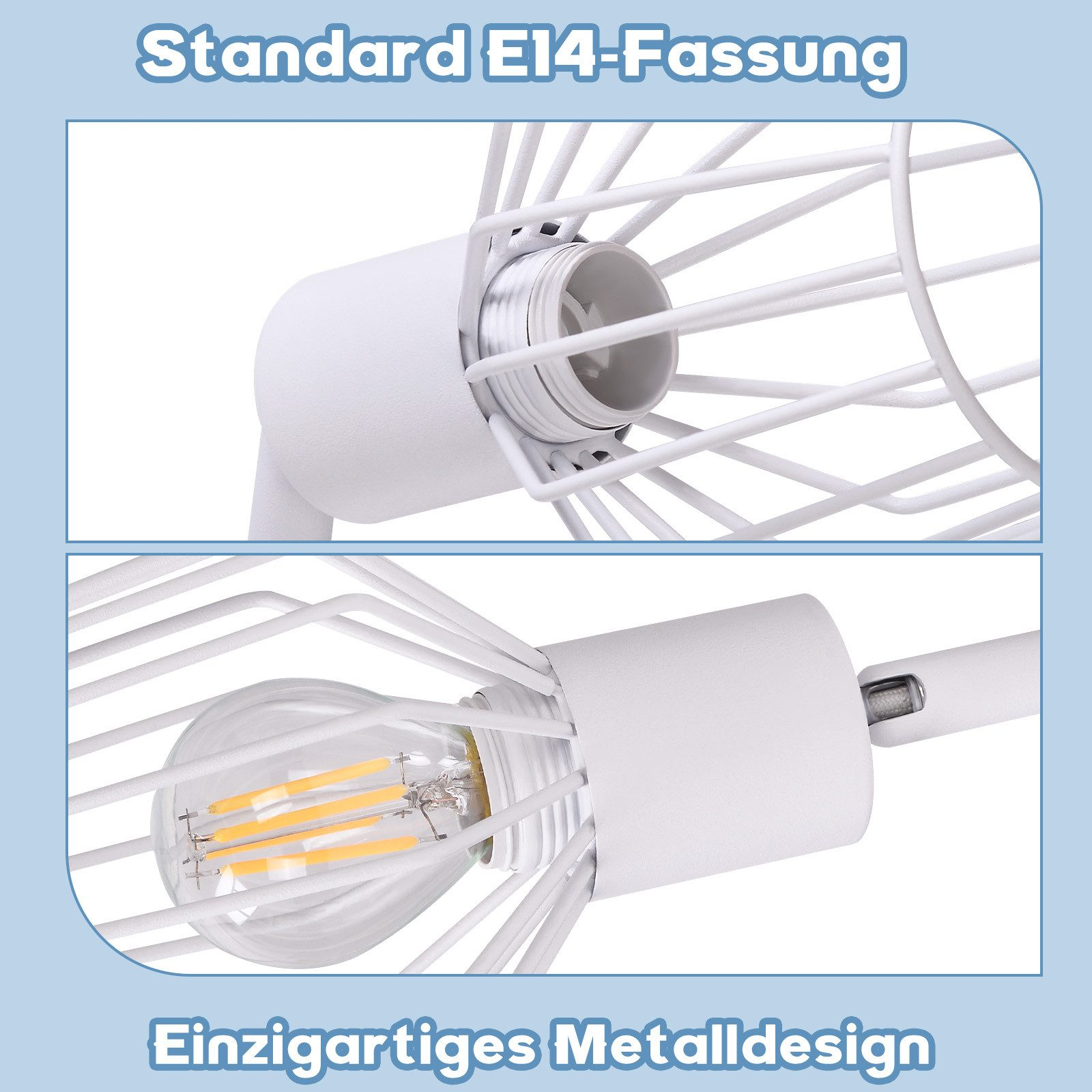 Zbliżenie białego metalowego projektu lampy z etykietami tekstowymi. Projekt charakteryzuje się unikalną strukturą przypominającą klatkę.