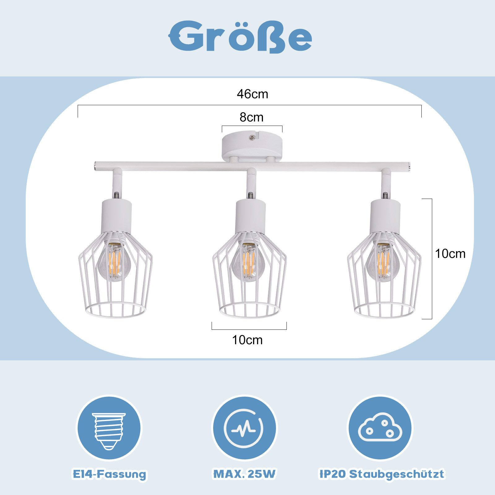 Biała lampa sufitowa z trzema lampami wiszącymi i oznaczonymi wymiarami, z ikonami rozmiaru, żarówki i ochrony.