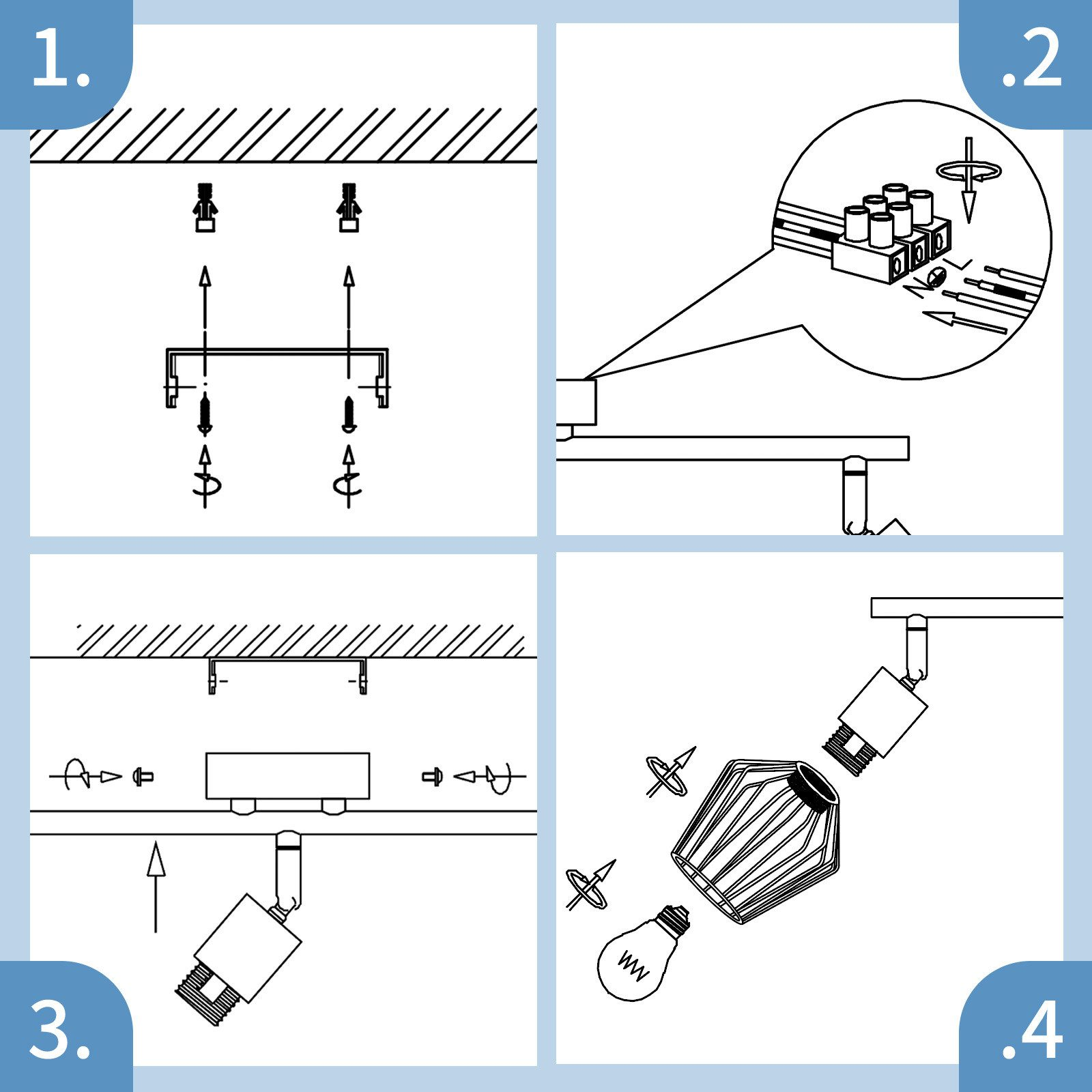 Cztery kroki ilustrujące instalację lampy. Pokazano również śruby i żarówkę.