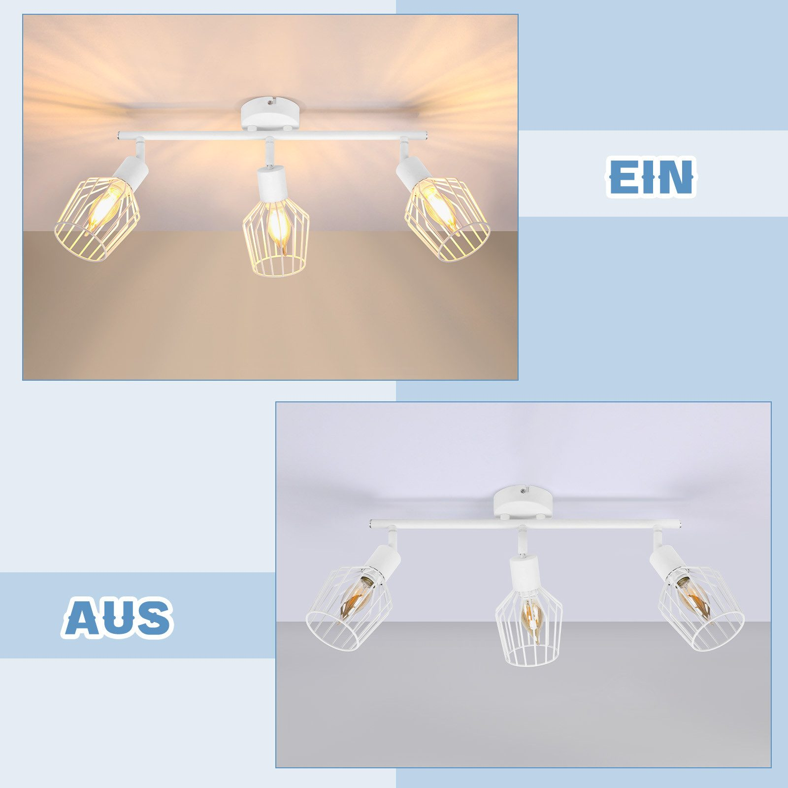 Dwa zdjęcia białej szyny oświetleniowej: jedno wyłączone i jedno włączone, ze światłem u góry.