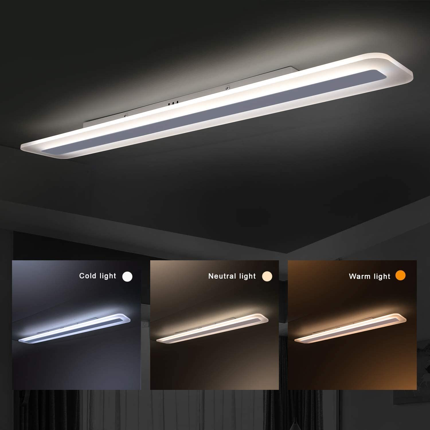 Lampada da soffitto rettangolare, con tre diverse opzioni di colore della luce: fredda, neutra e calda.
