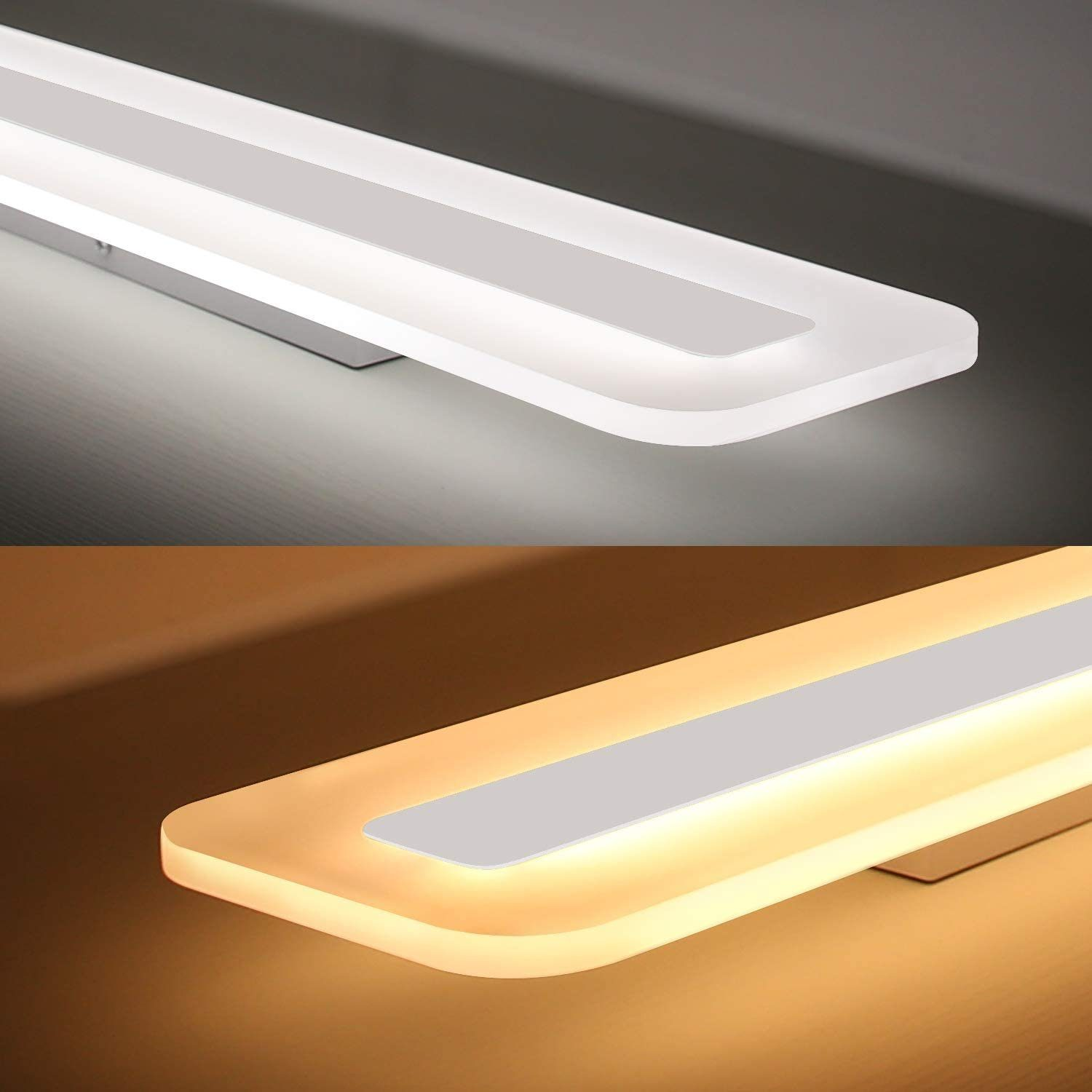 Due immagini di una luce LED rettangolare. Una spenta, una accesa, che mostra luce bianca e calda.