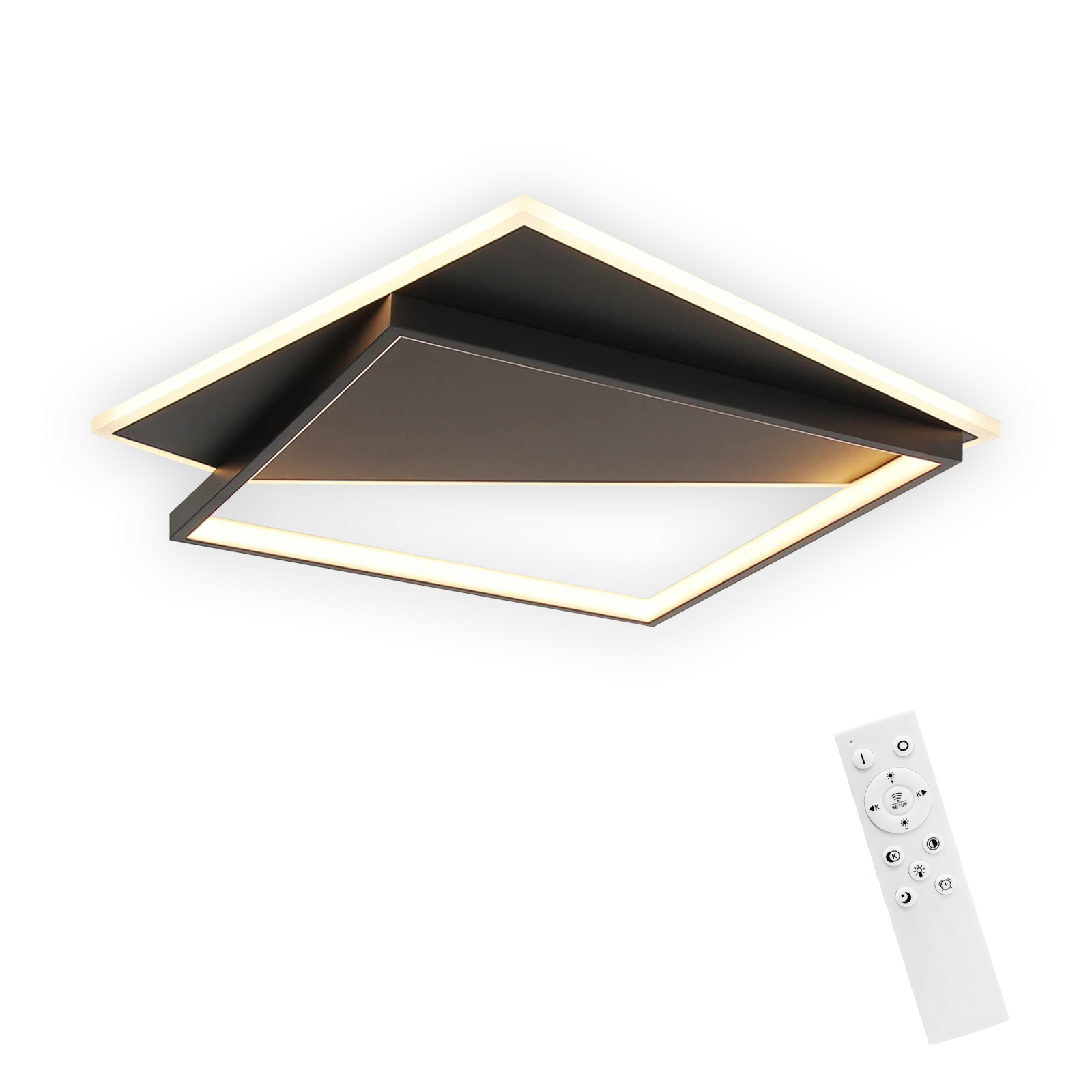 Nowoczesna czarno-biała lampa sufitowa z pilotem. Światło ma kwadratowy kształt.