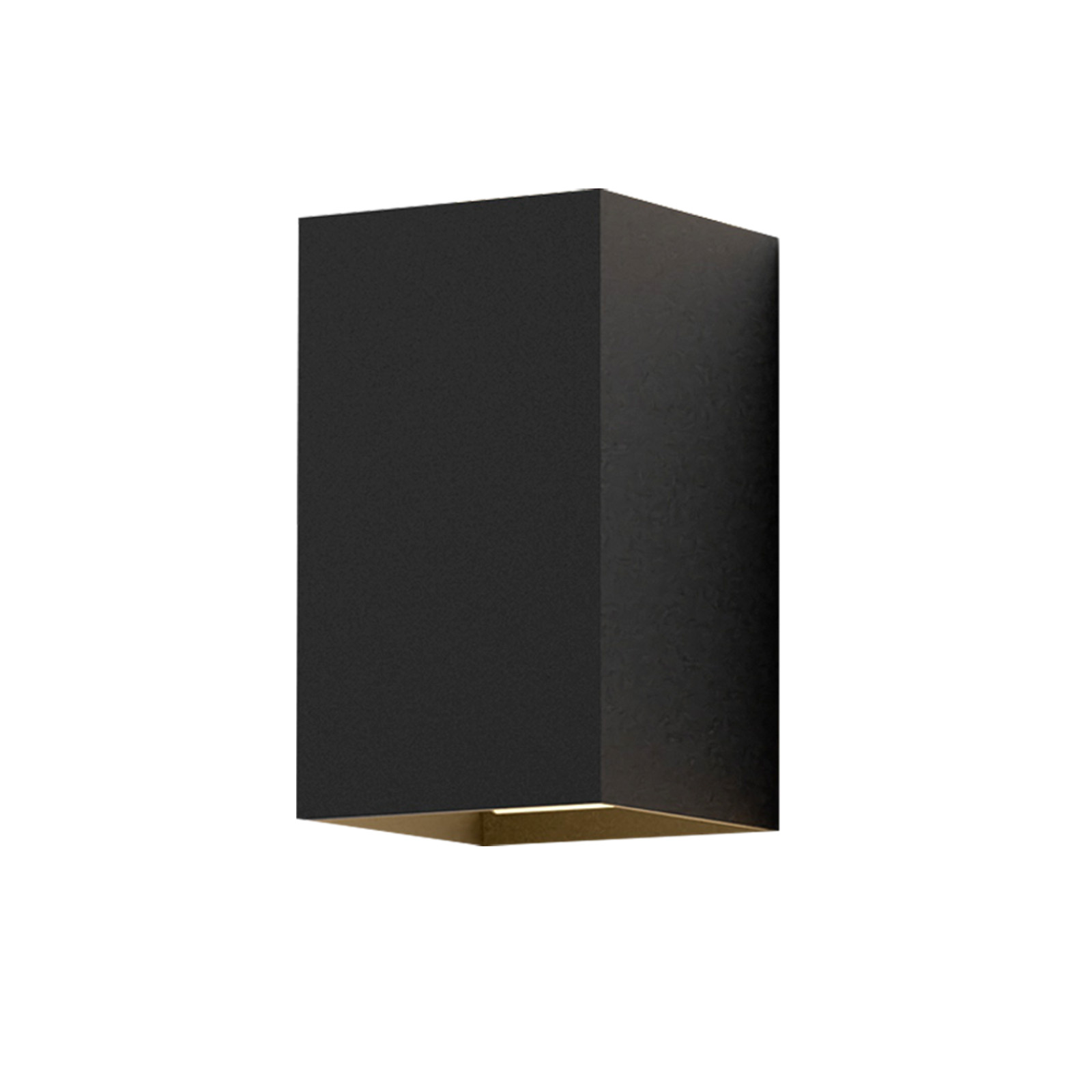 Czarna prostokątna lampa ścienna ze złotym wnętrzem na białym tle.