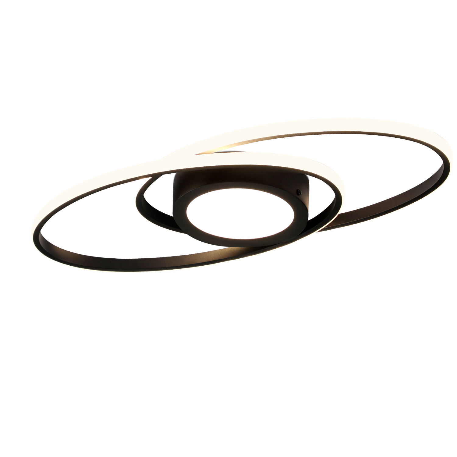 Lampa sufitowa z dwoma koncentrycznymi czarnymi pętlami i białym światłem wewnętrznym.