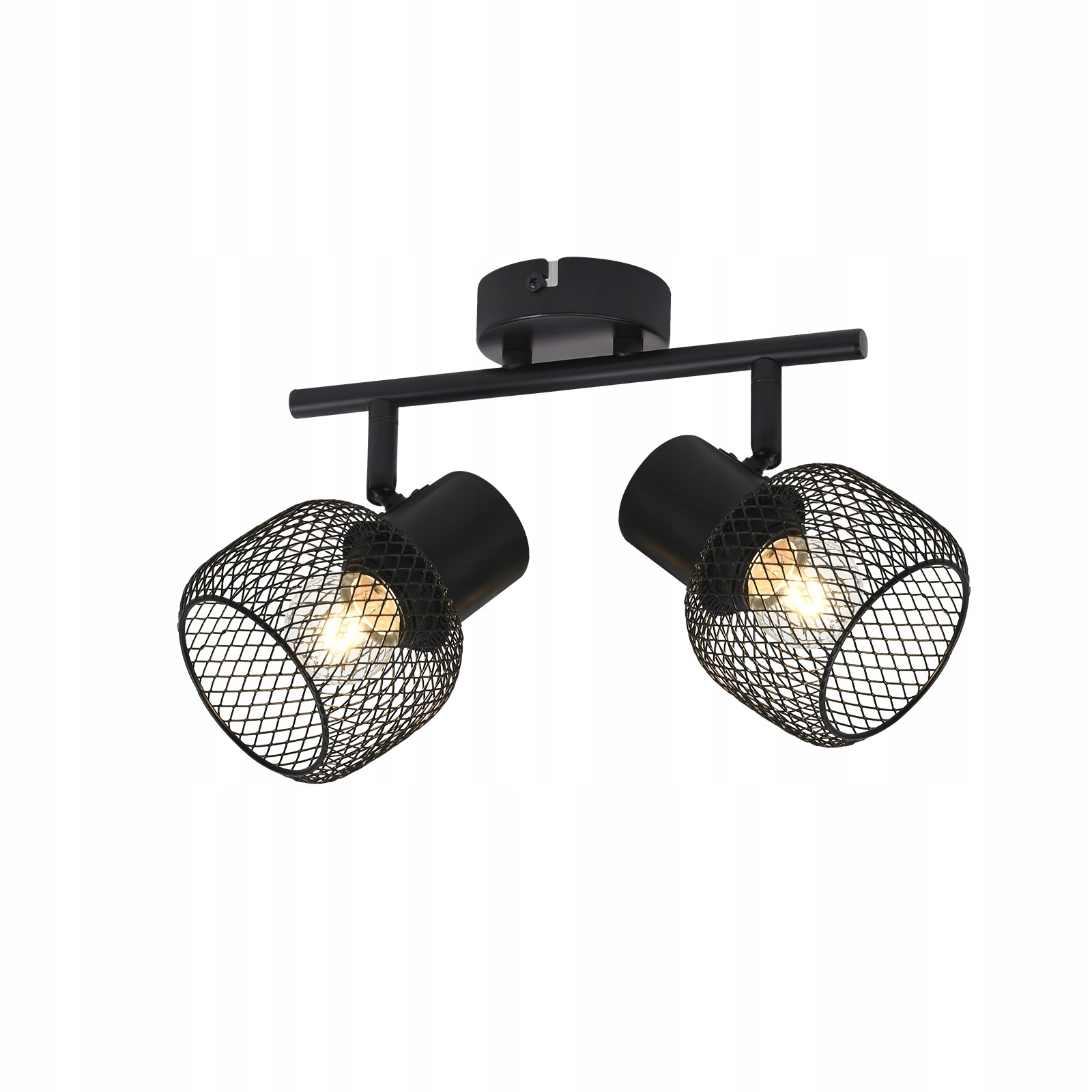 Czarny, dwużarówkowy reflektor sufitowy z metalowymi kloszami z siatki, widoczne żarówki.