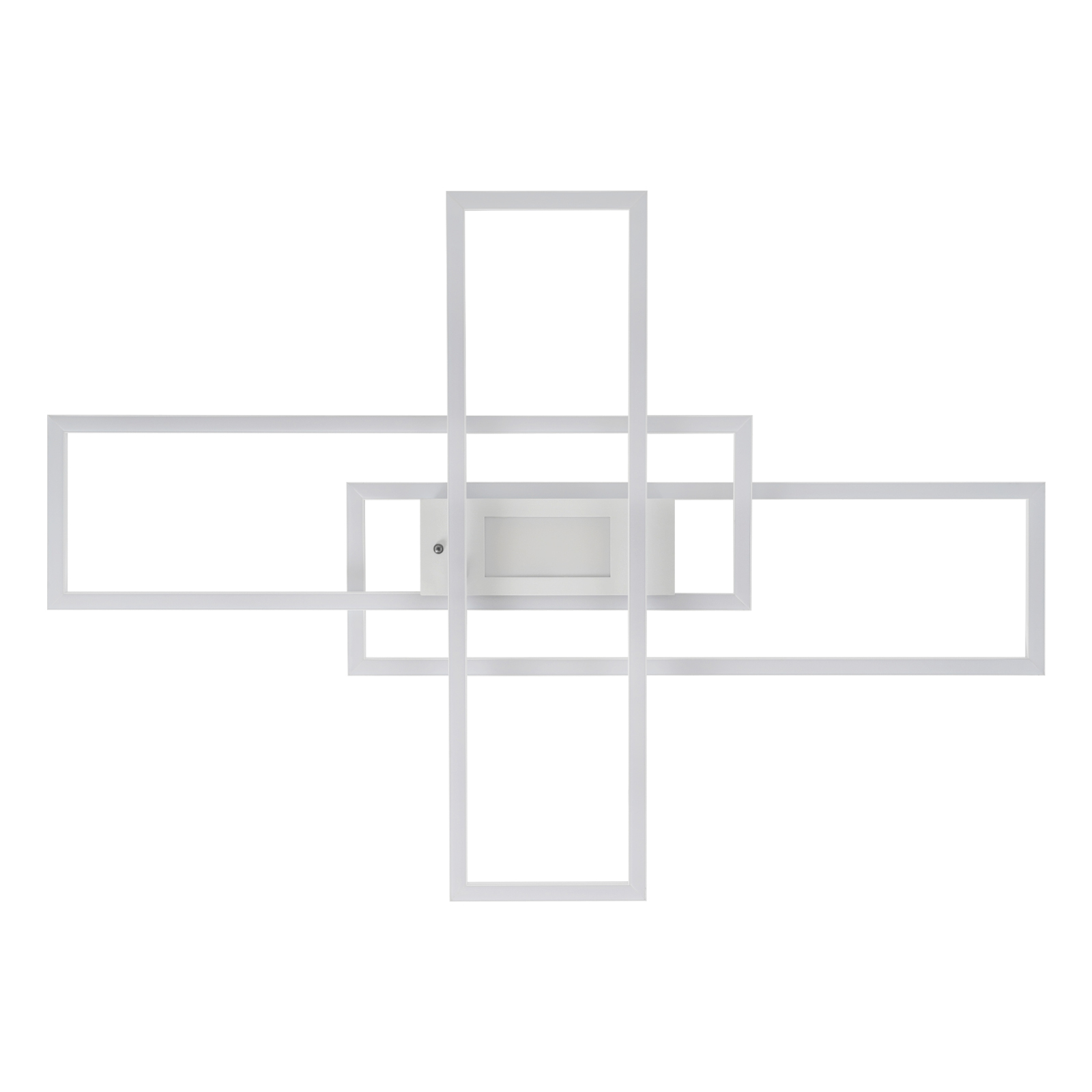 Biała geometryczna lampa sufitowa. Światło ma prostokątny kształt.