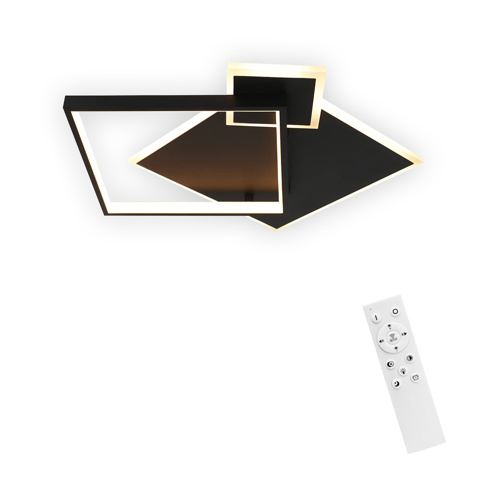 Czarna i złota geometryczna lampa sufitowa z pilotem. Białe tło.