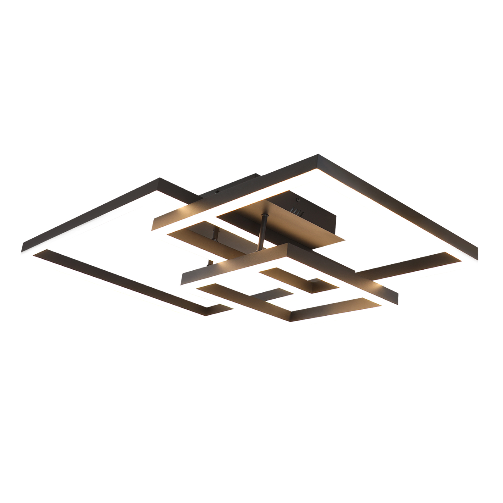 Lampada da soffitto moderna con un design geometrico, con elementi bianchi e neri e luci.