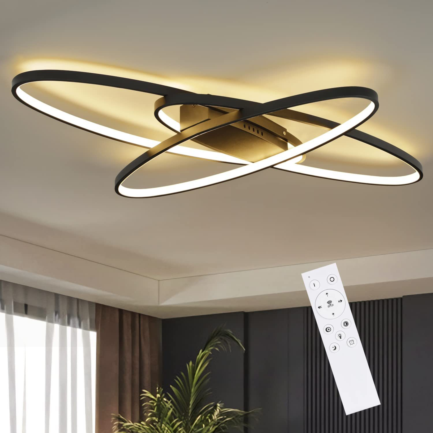 Lampada da soffitto nera con design curvo, telecomando incluso.
