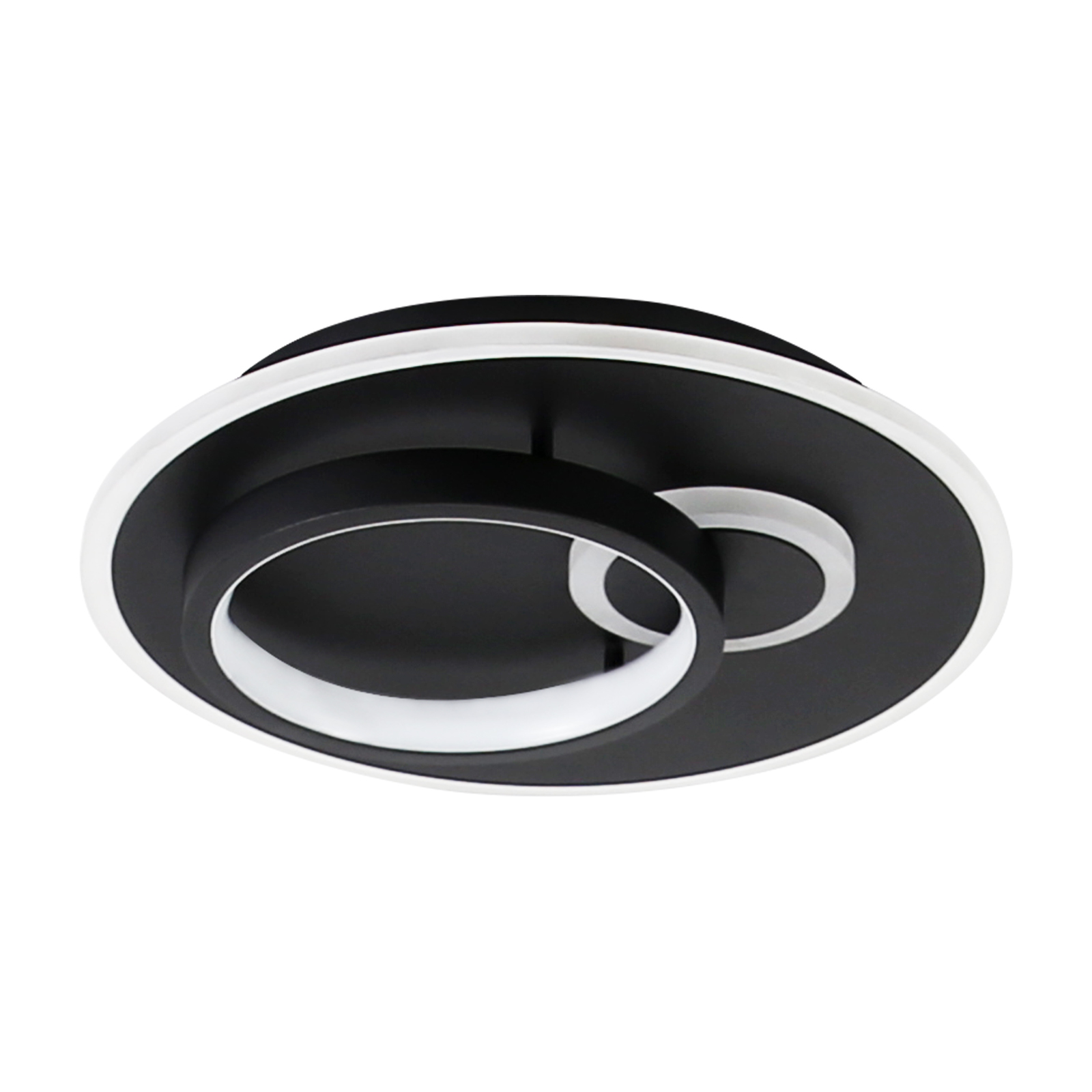 Czarna lampa sufitowa z dwoma białymi okrągłymi światłami.