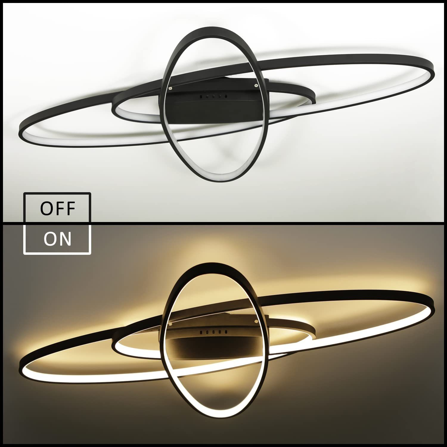 Una plafoniera in bianco e nero, che mostra gli stati di accensione e spegnimento. Ha un design moderno e astratto.