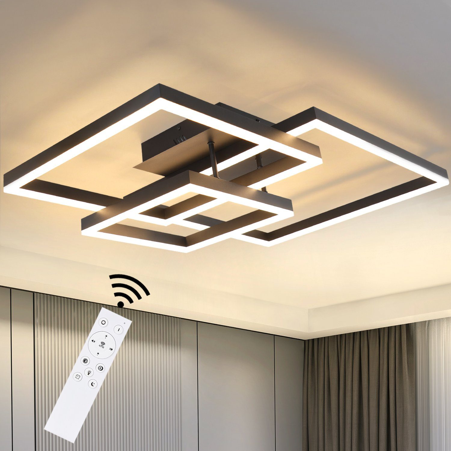 Lampada da soffitto moderna con cornici quadrate. Telecomando in basso a sinistra.
