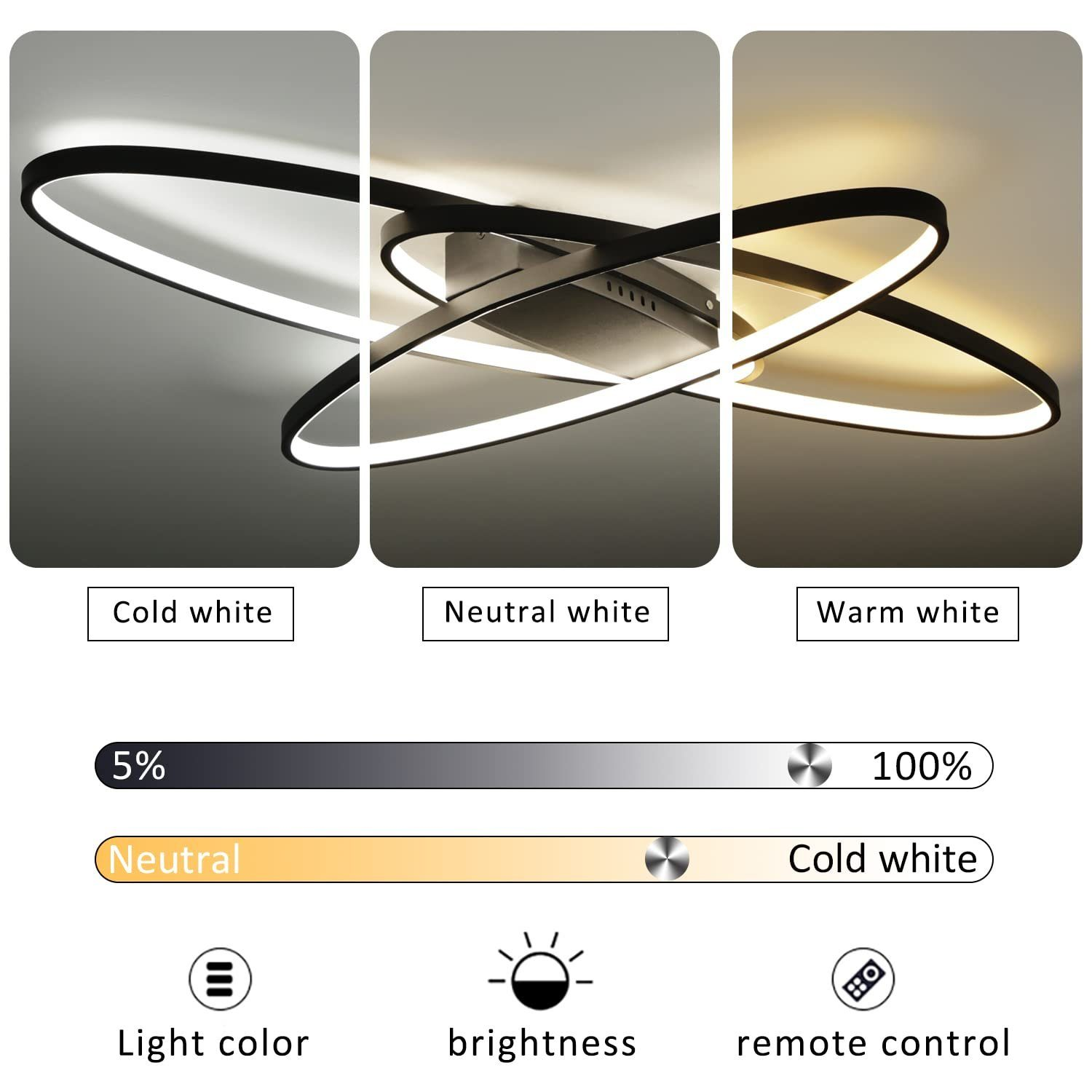 Plafoniera con tre impostazioni di luce. Pannello mostra luminosità e opzioni colore.