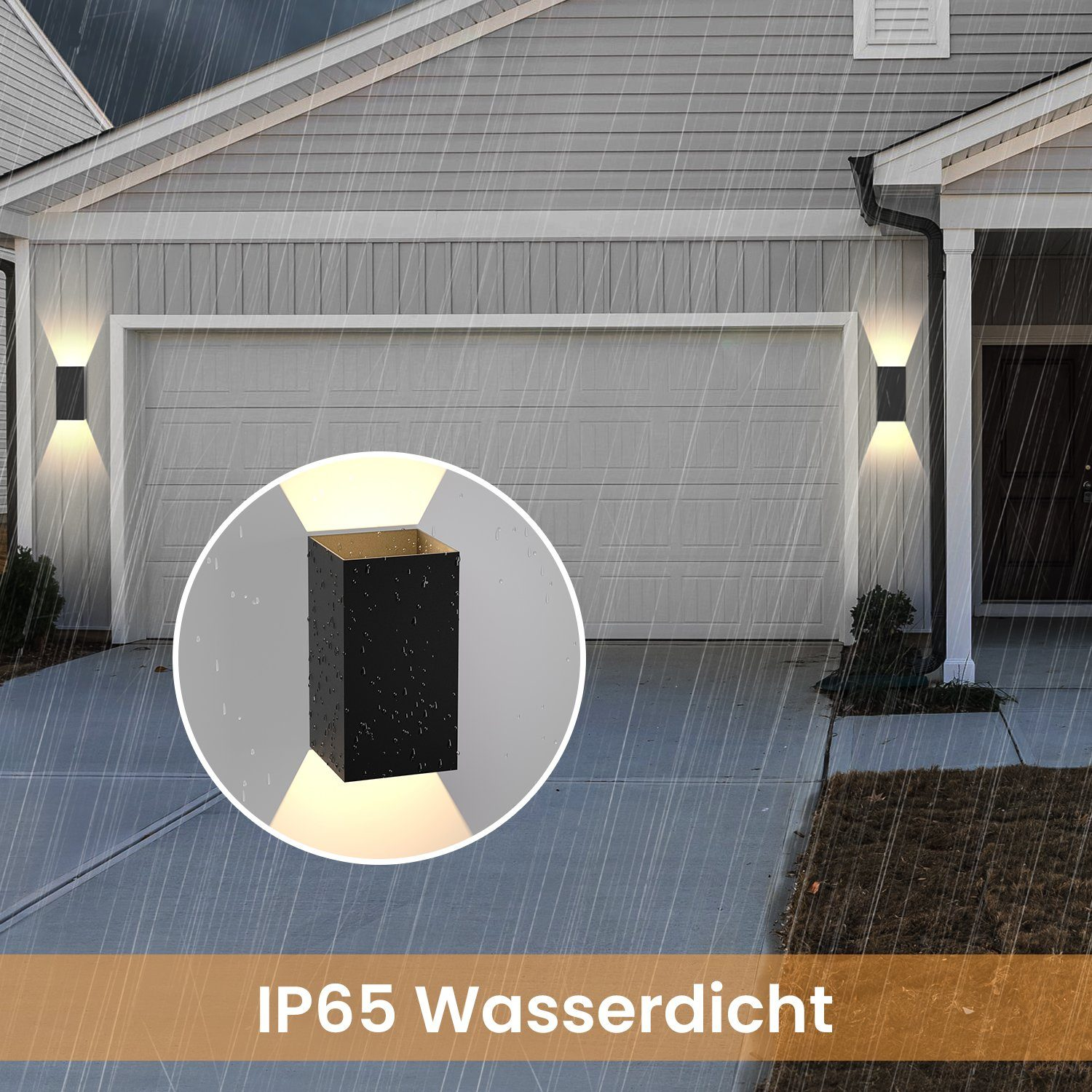 Zewnętrzne lampy ścienne na domu. Pada deszcz. Tekst: IP65 Wodoodporny. Czarne światła.