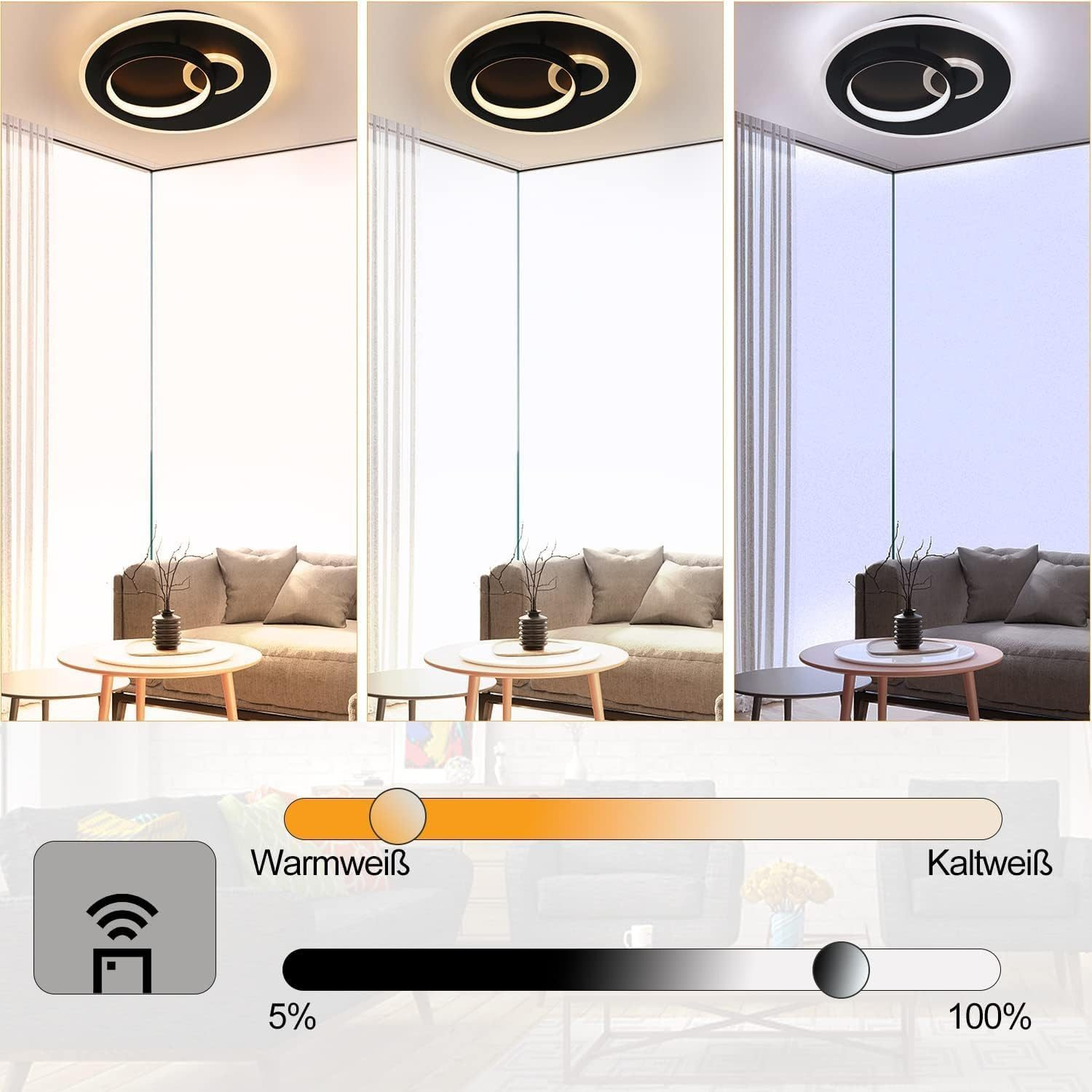 Trzy obrazy przedstawiają lampę sufitową z regulowaną temperaturą barwową i jasnością, z sofą w tle.