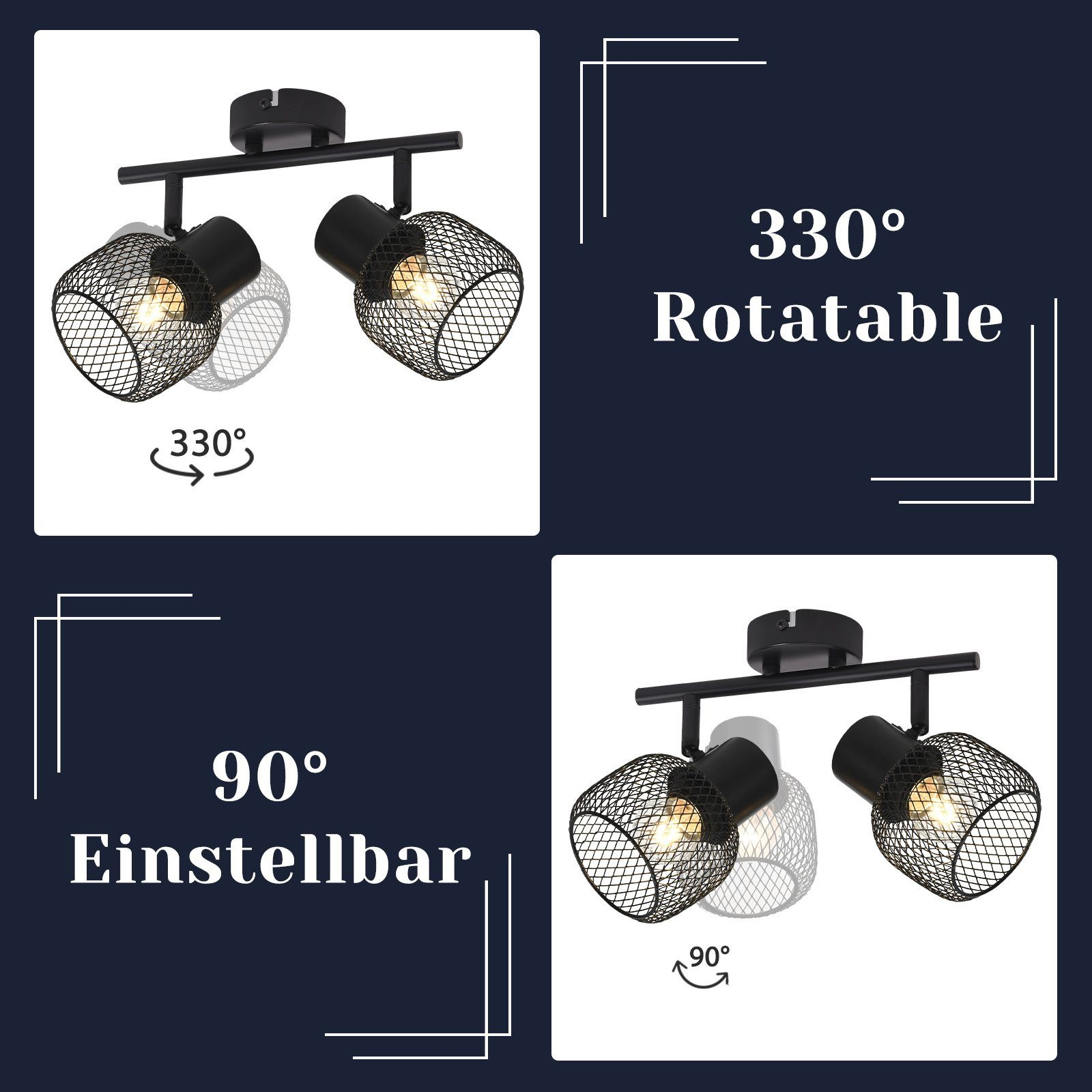 Dwa czarne reflektory, pokazujące obrotowe i regulowane funkcje.