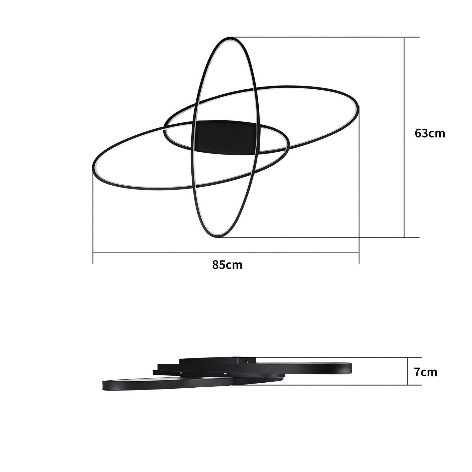 Una plafoniera a LED circolare nera con dimensioni: 85 cm di larghezza, 63 cm di altezza e 7 cm di spessore.