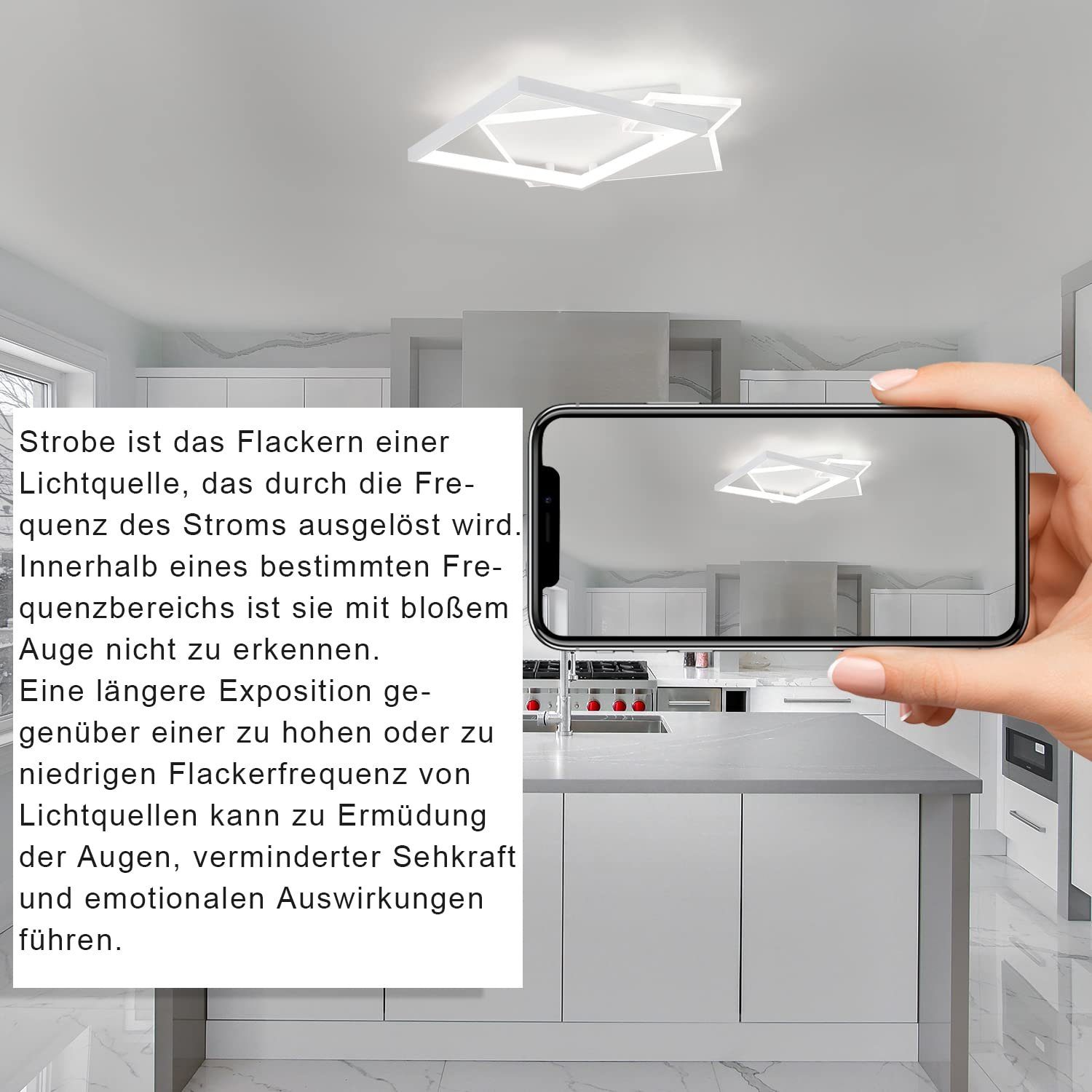 Osoba trzymająca telefon z białą geometryczną lampą sufitową. Tekst wyjaśniający migotanie źródła światła.