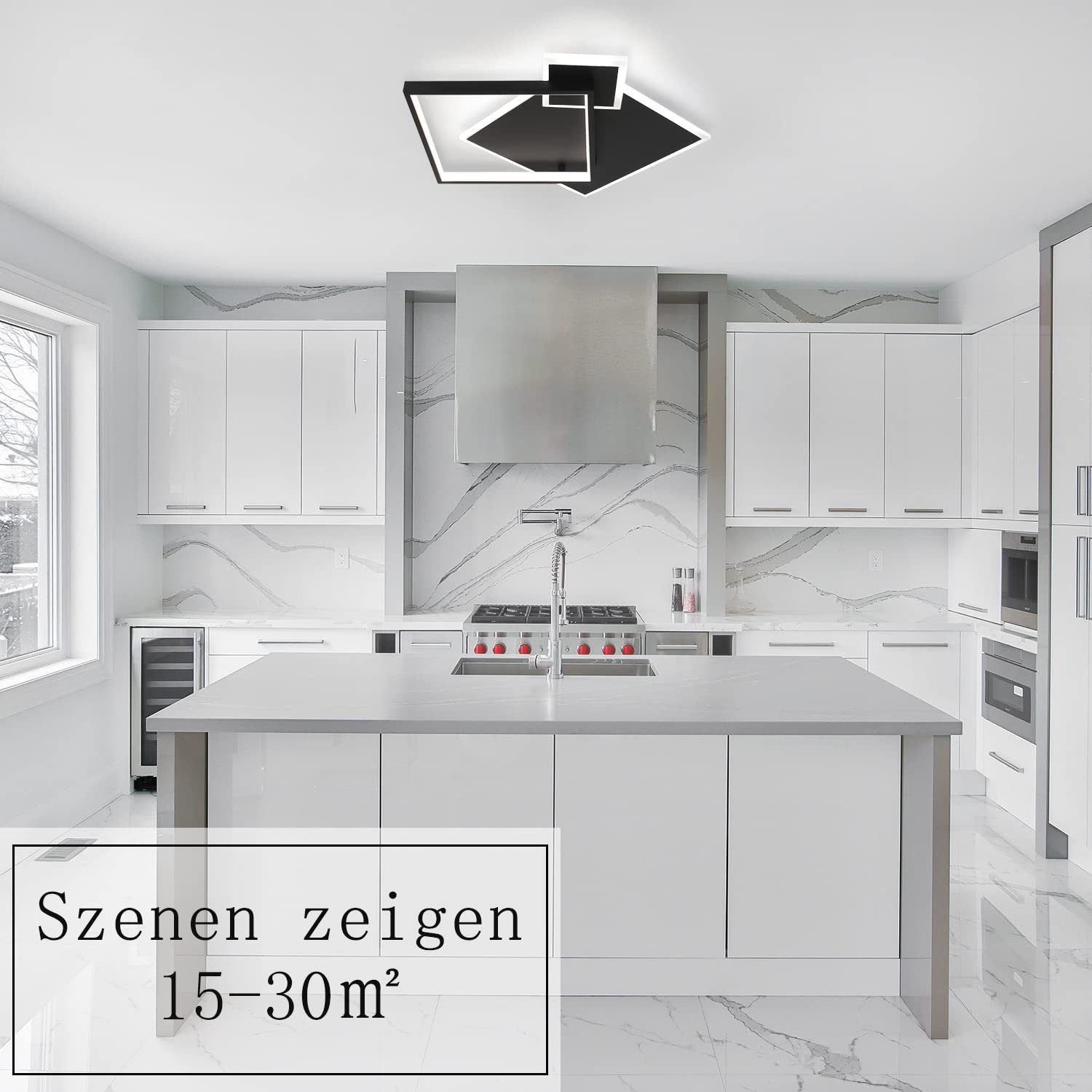 Nowoczesna biała kuchnia z centralną wyspą, okapem i białymi szafkami.