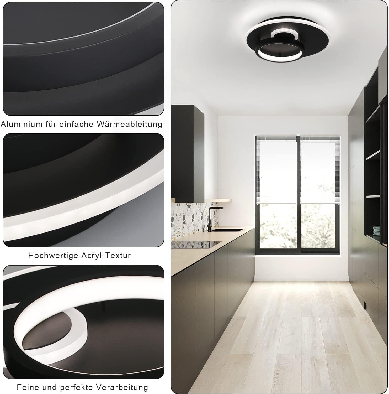 Zbliżenia czarno-białej lampy sufitowej. Widoczne są części kuchni.