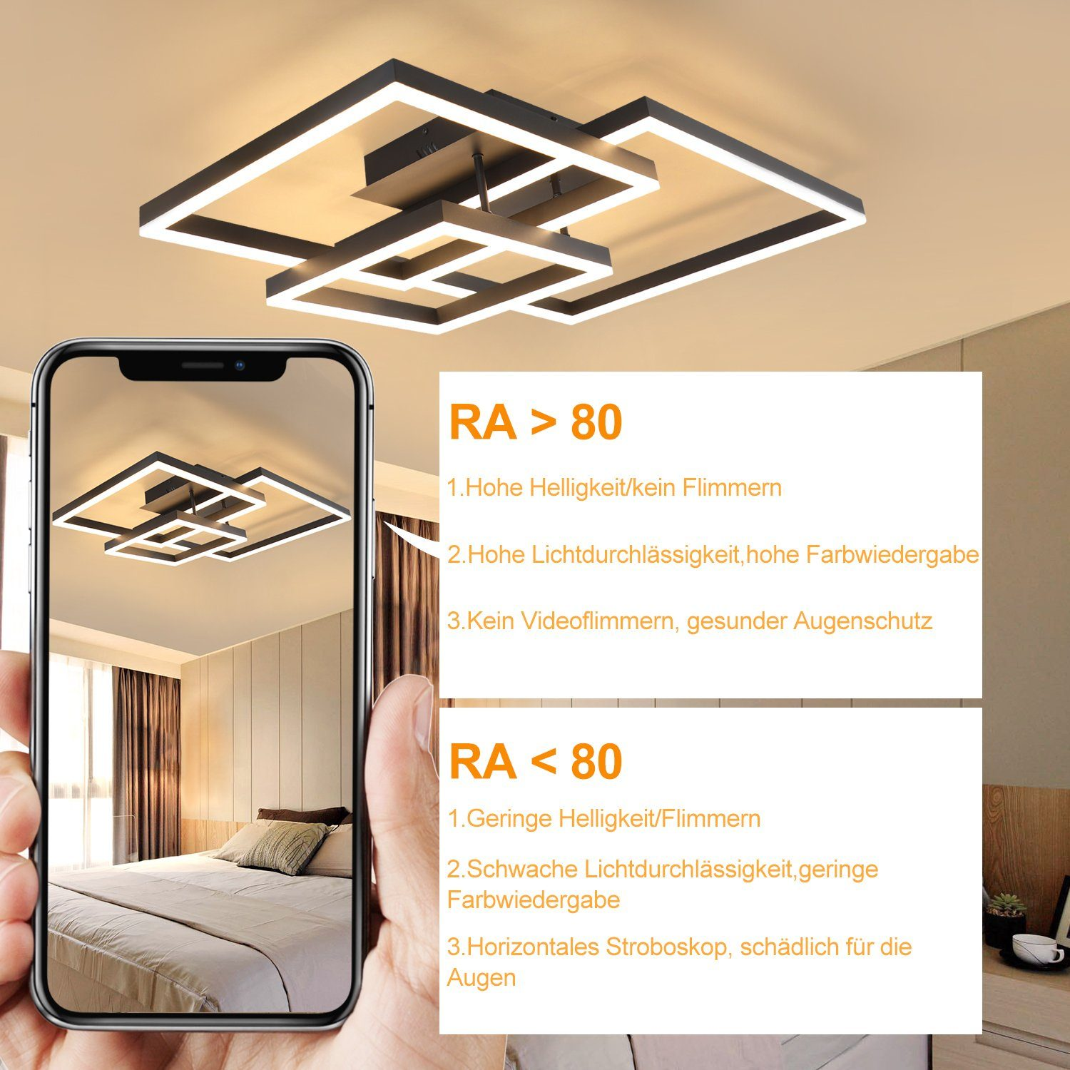 La mano di una persona che tiene un telefono che mostra una luce a soffitto geometrica. È presente del testo sulla qualità della luce.