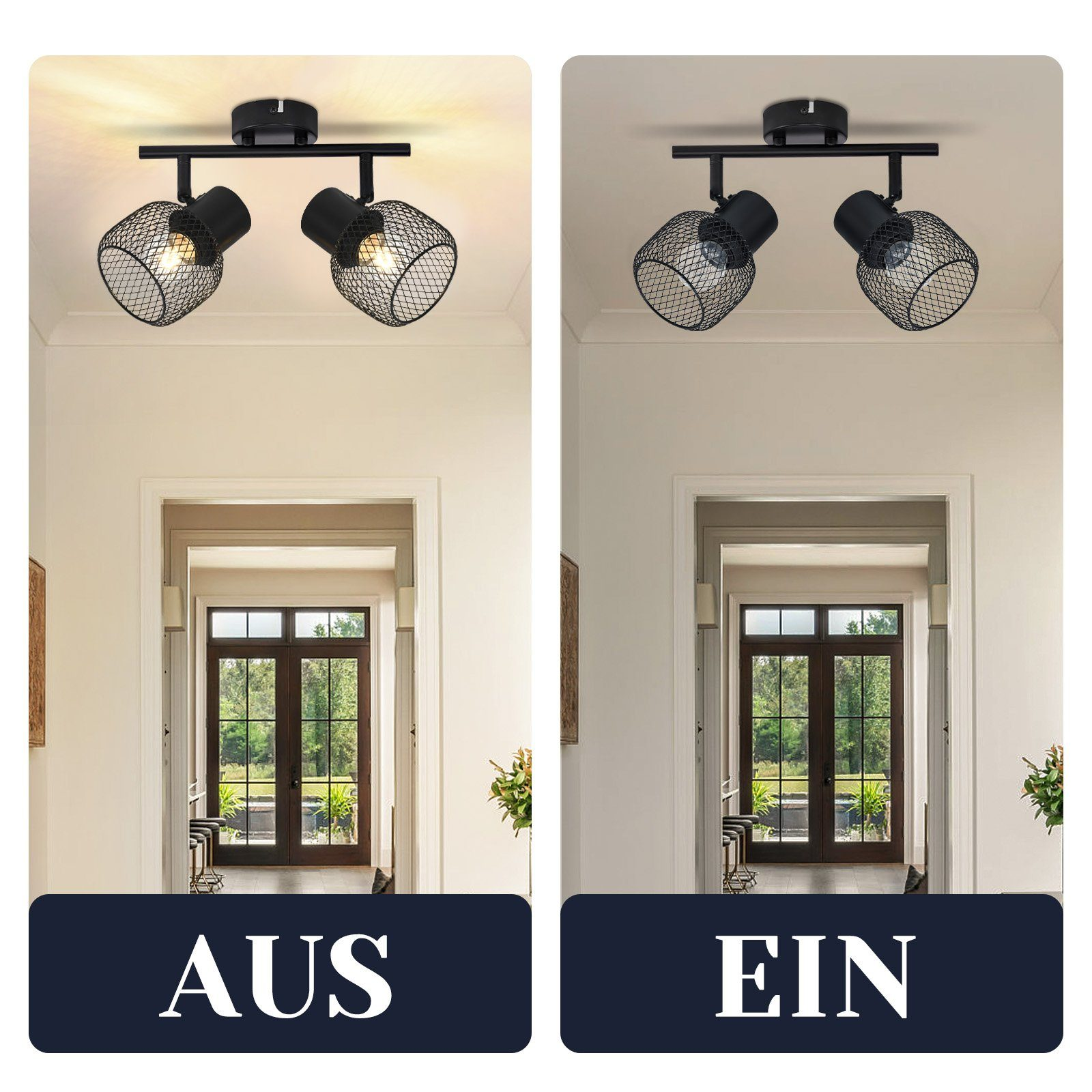 Dwa czarne reflektory są pokazane włączone i wyłączone w korytarzu. Tłem są drzwi.