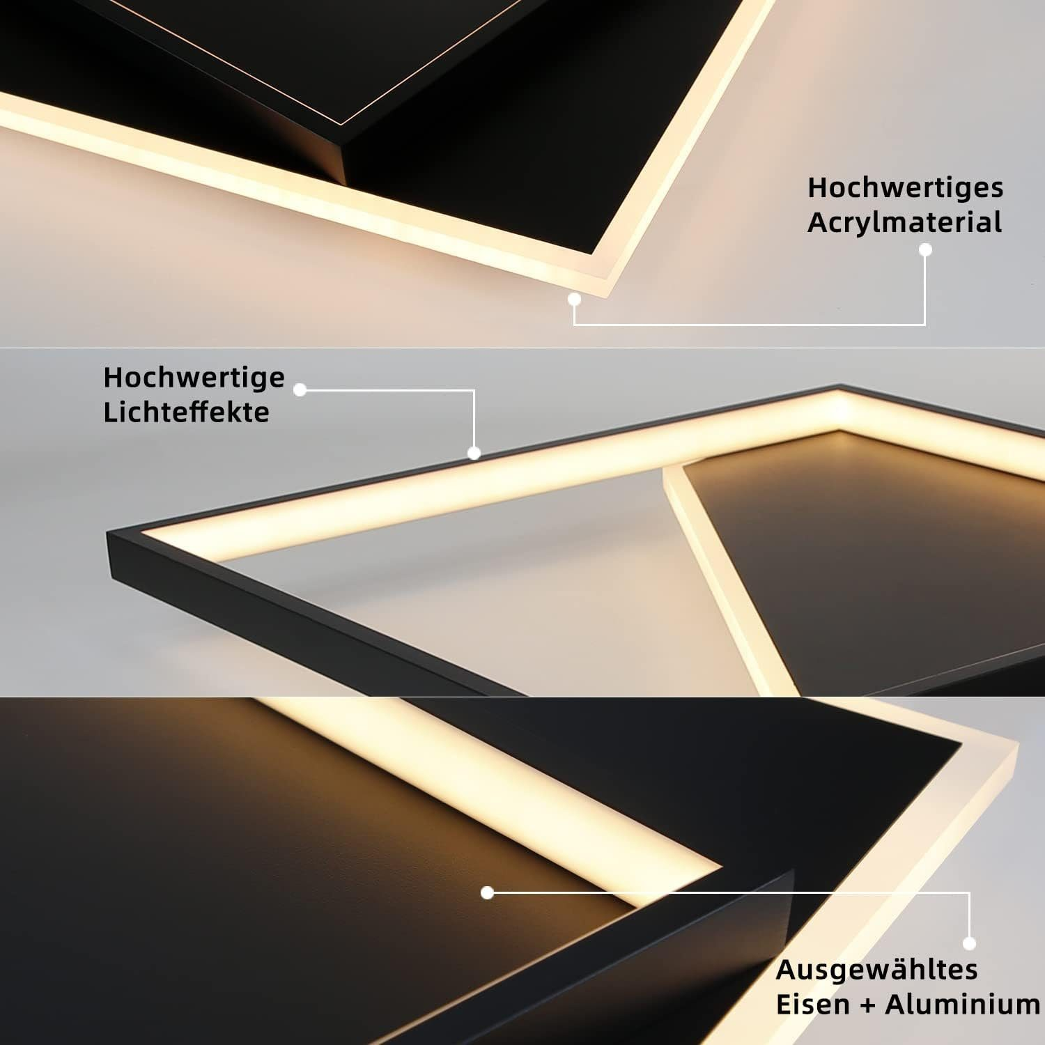 Zbliżenie czarno-białej geometrycznej lampy sufitowej. Tekst identyfikuje użyte materiały: akryl, żelazo i aluminium.