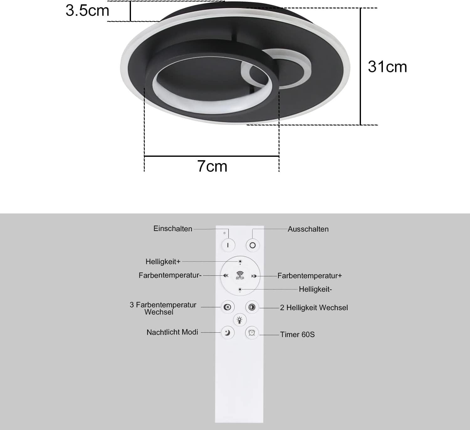 Schemat lampy sufitowej i pilota. Pokazuje wymiary i funkcje pilota.